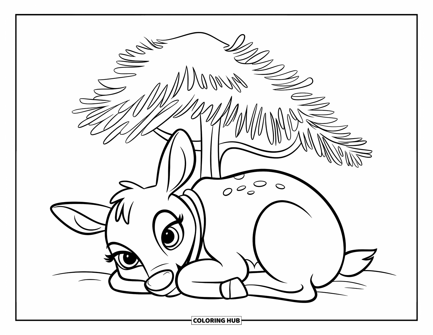 Reindeer Coloring Page for Kids: Reindeer naps under a pine tree on soft snowy ground