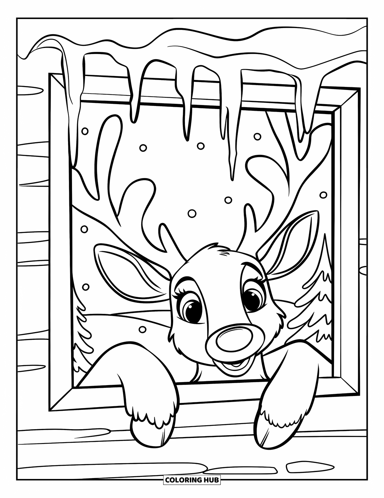 Reindeer Coloring Page for Kids: Reindeer peeks curiously through a frosty window into a snowy forest