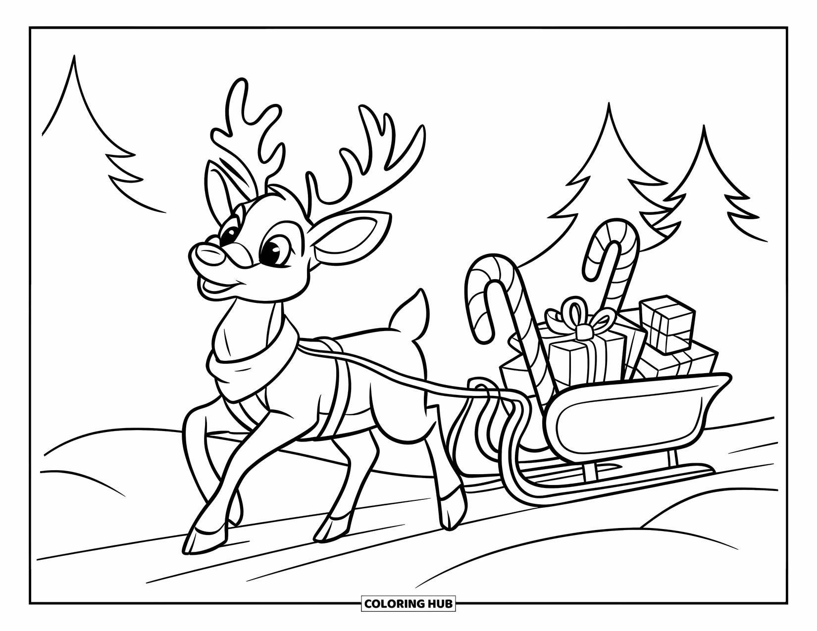 Reindeer Coloring Page for Kids: Reindeer pulls a sled filled with candy canes and gifts along a snowy path