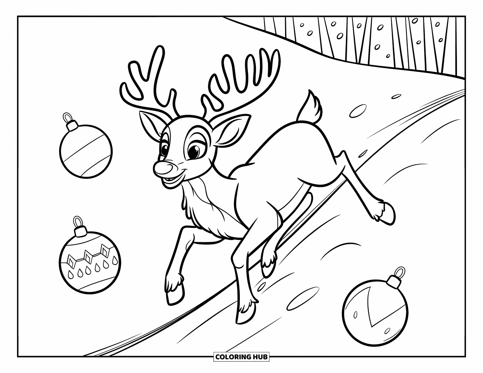 Reindeer Coloring Page for Kids: Reindeer runs uphill chasing floating ornaments across a snowy hillside