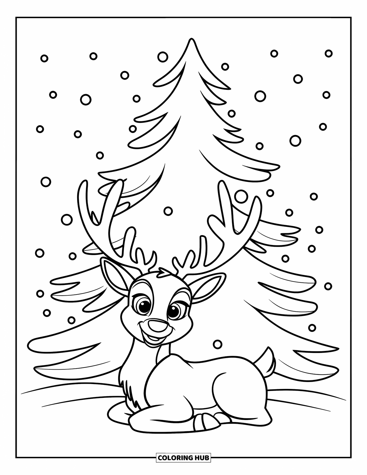 Reindeer Coloring Page for Kids: Reindeer sits beneath a pine tree as snowflakes gently fall