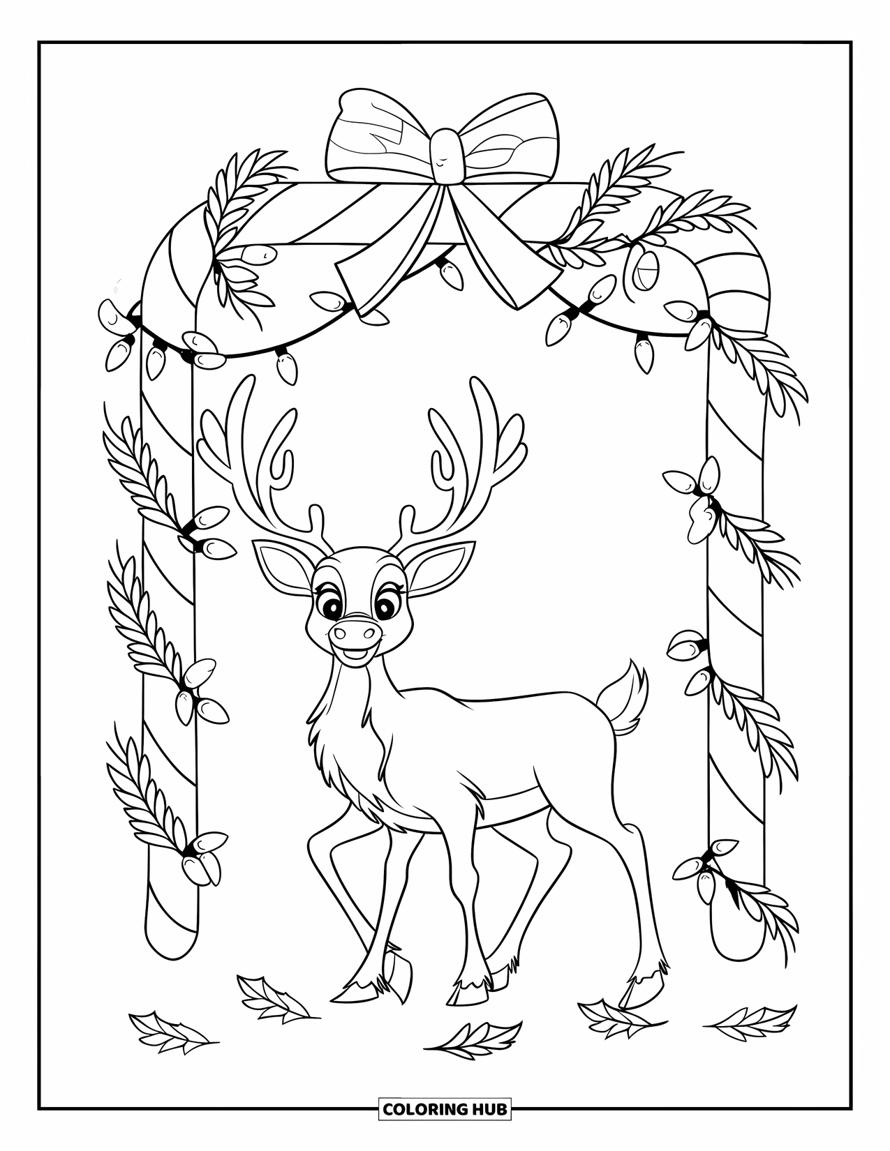 Reindeer Coloring Page for Kids: Reindeer stands beneath a candy cane arch surrounded by pine leaves and fallen leaves