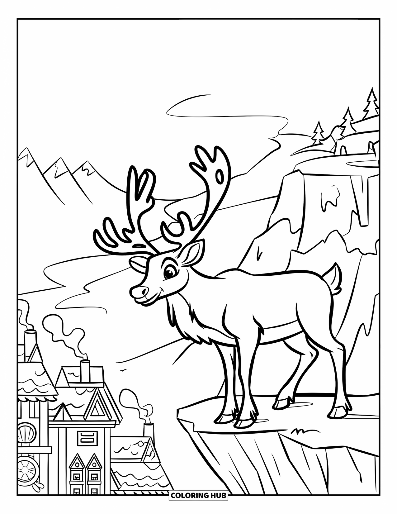 Reindeer Coloring Page for Kids: Reindeer stands on a cliff edge above a snowy village with smoke from chimneys