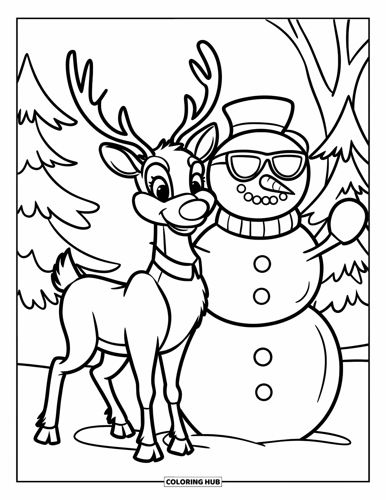 Reindeer Coloring Page for Kids: Reindeer stands proudly beside a snowman with sunglasses in a snowy forest