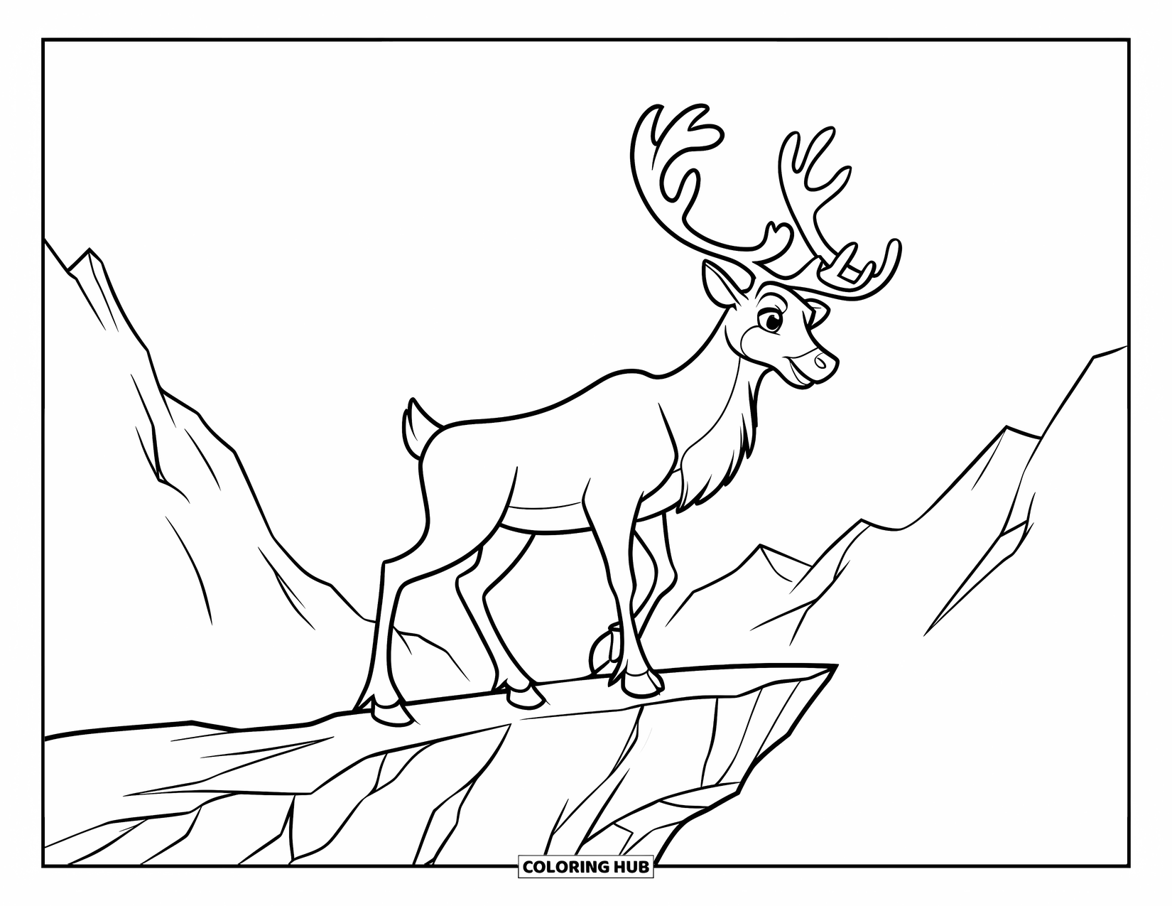 Reindeer Coloring Page for Kids: Reindeer stands proudly on a rocky ledge with mountain silhouettes behind
