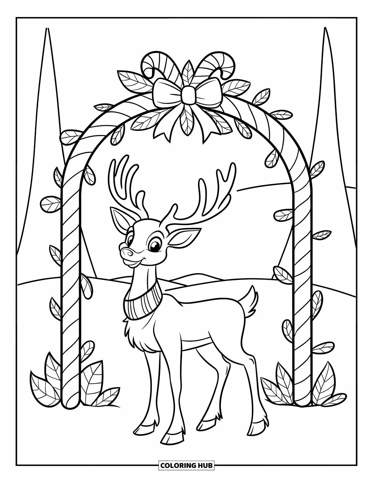 Reindeer Coloring Page for Kids: Reindeer under a candy arch smiles warmly in a snowy scene