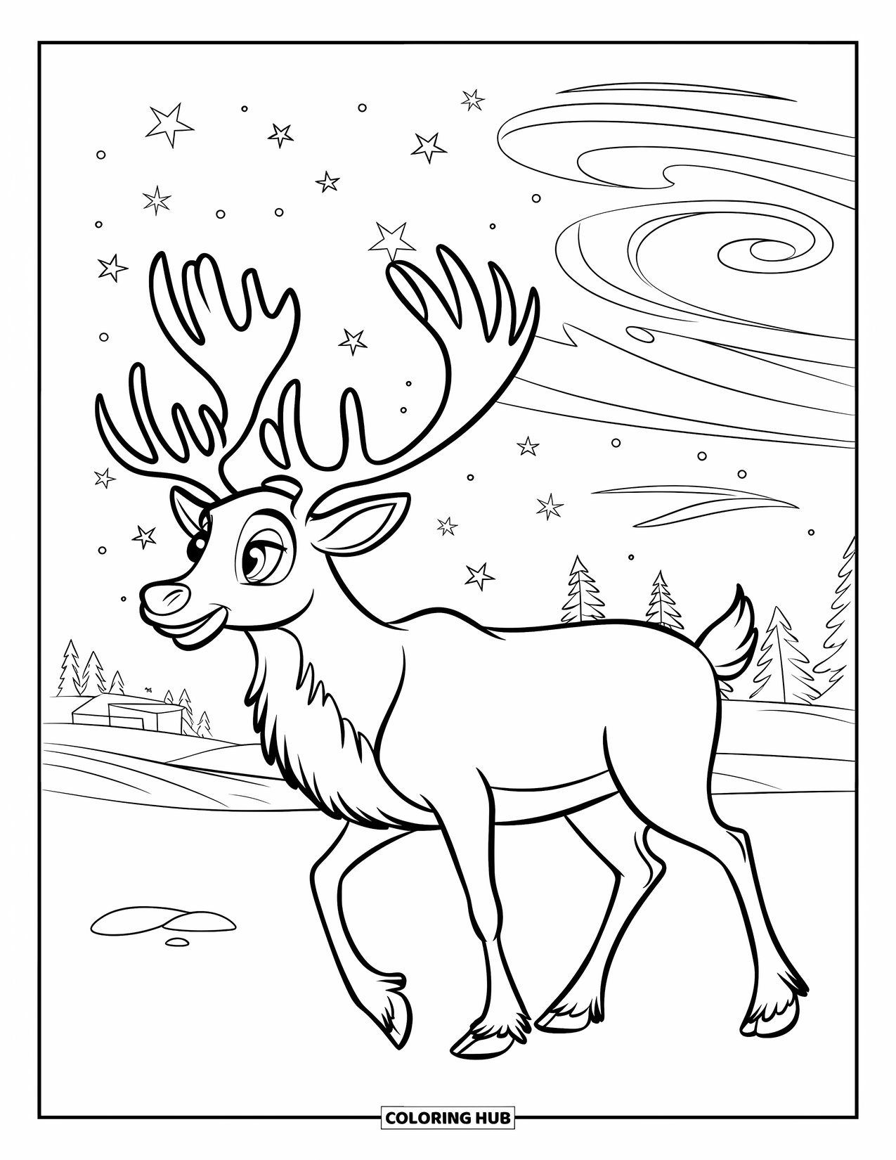 Reindeer Coloring Page for Kids: Reindeer walks under a starry sky and swirly snow-filled clouds