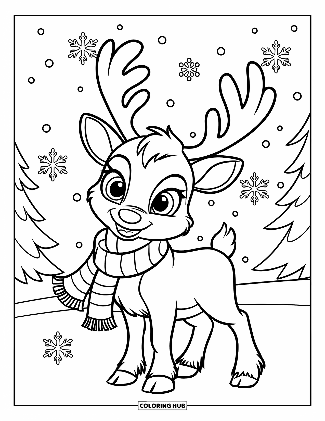 Reindeer Coloring Page for Kids: Reindeer with a big scarf smiles under falling snowflakes