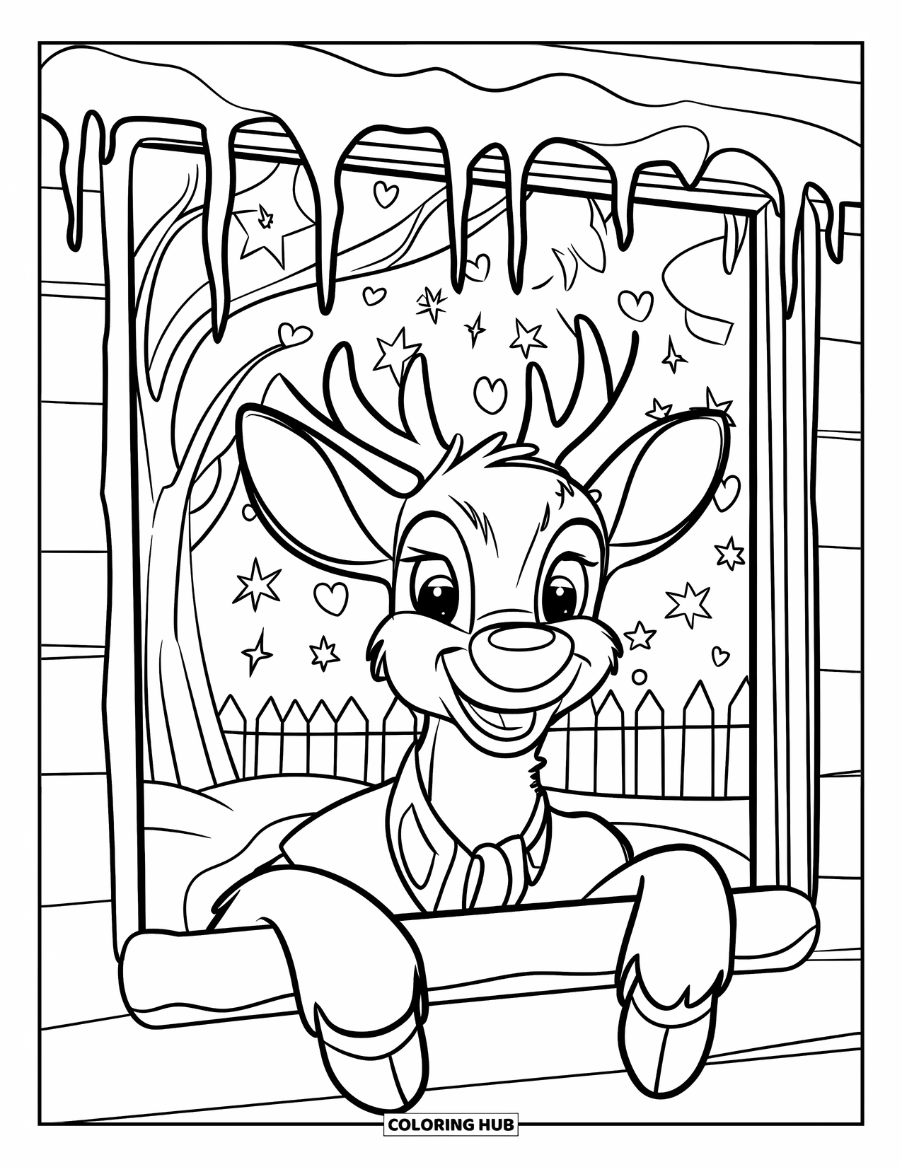 Reindeer Coloring Page for Kids: Reindeer with a red nose peeks through a decorated window at a snowy yard
