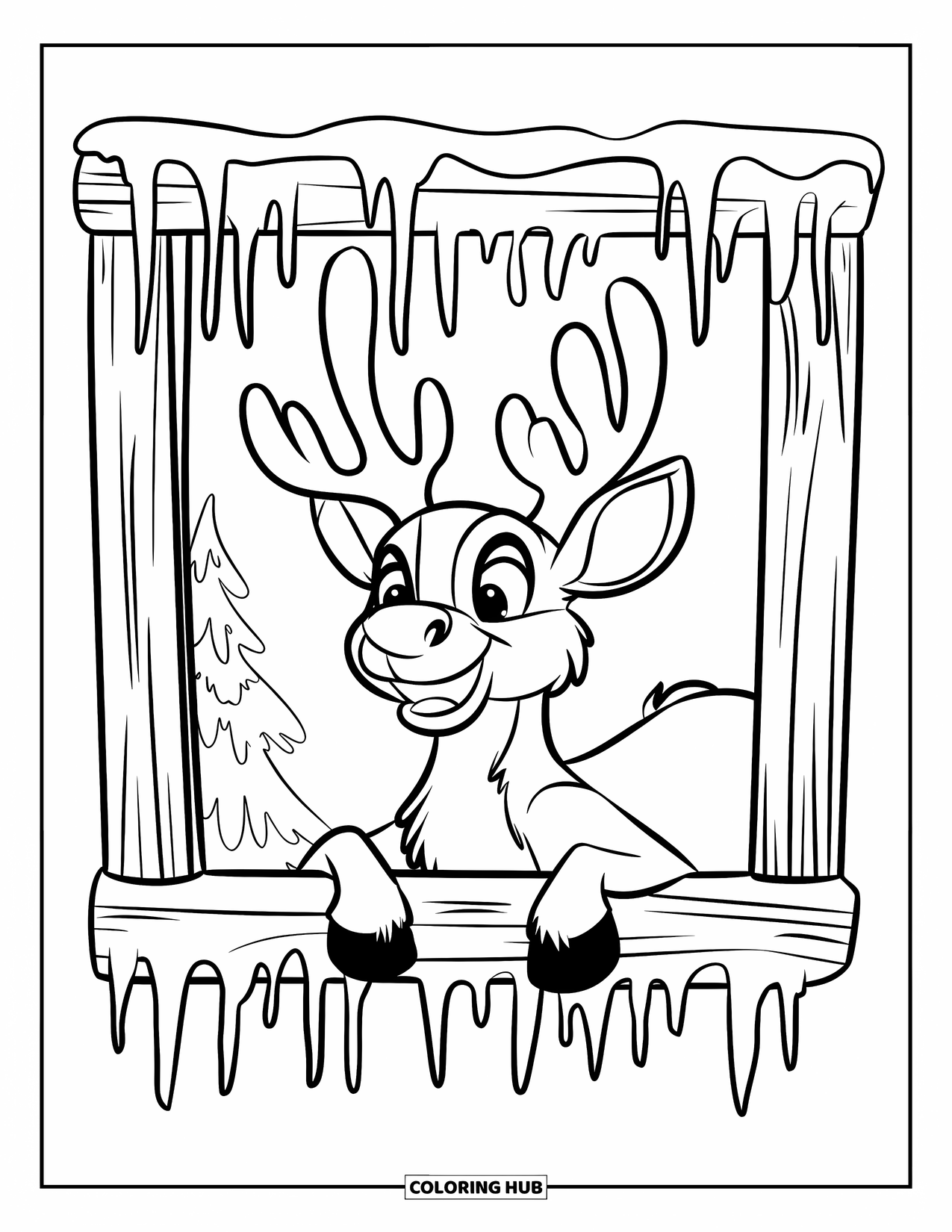 Reindeer Coloring Page for Kids: Reindeer with a white coat peeks through a rustic window at a snowy view