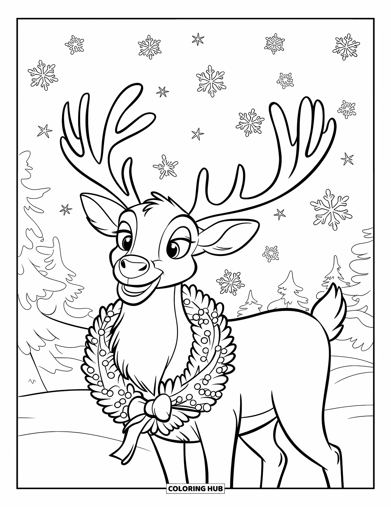 Reindeer Coloring Page for Kids: Reindeer with a wreath stands as snowflakes fall in a snowy landscape