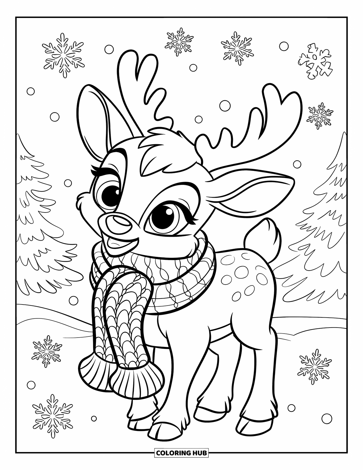 Reindeer Coloring Page for Kids: Reindeer with big eyes and a cozy scarf stands in snowy woods