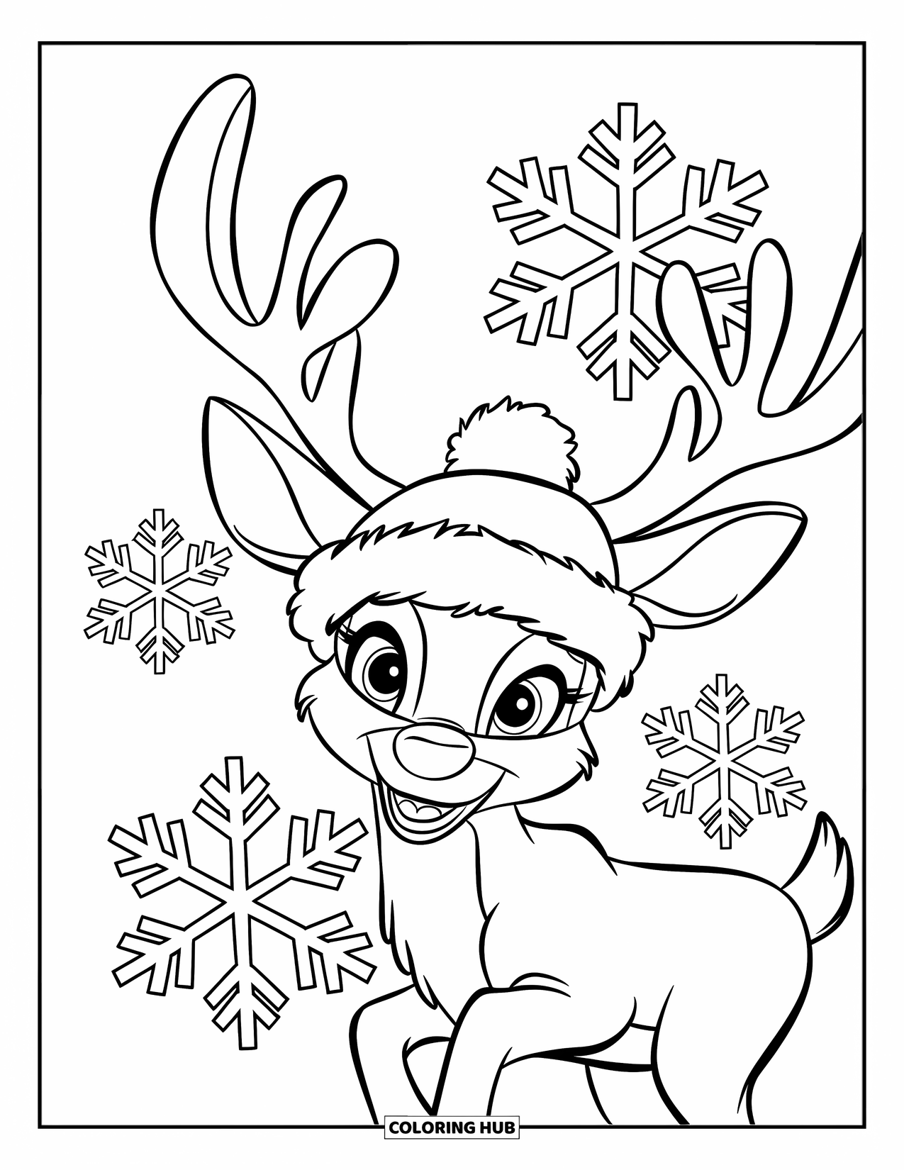 Reindeer Coloring Page for Kids: Reindeer with cozy hat smiles beside big snowflakes