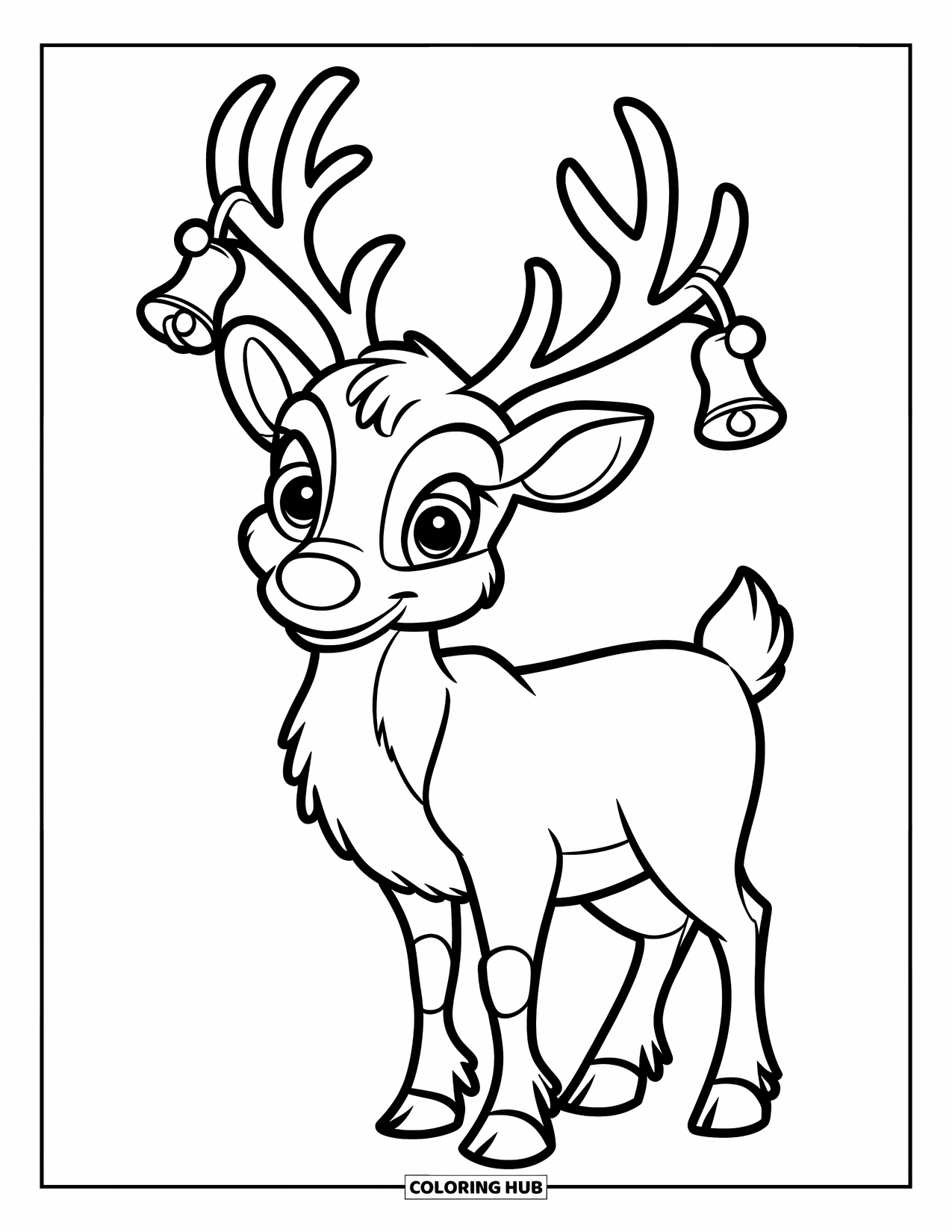 Reindeer Coloring Page for Kids: Reindeer with jingle bells stands happily on snowy ground
