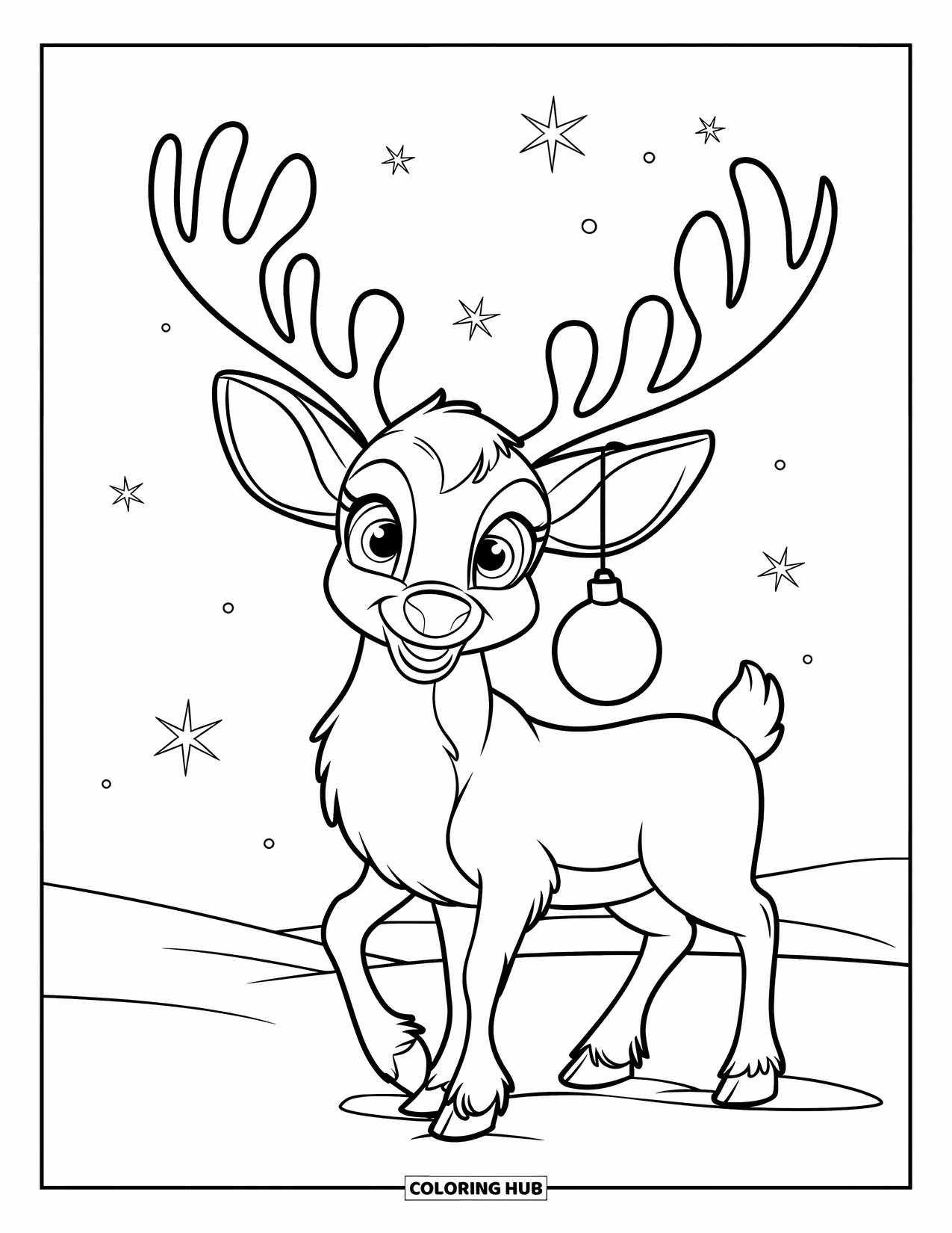 Reindeer Coloring Page for Kids: Reindeer with oversized ears shows off a hanging ornament in snowy field