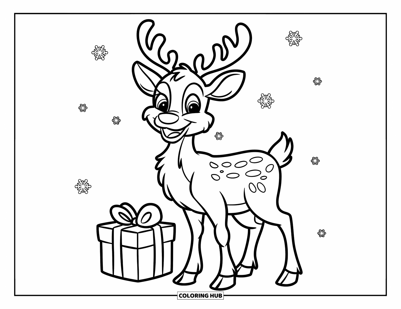 Reindeer Coloring Page for Kids: Reindeer with red nose and gift waits in a peaceful snowy clearing