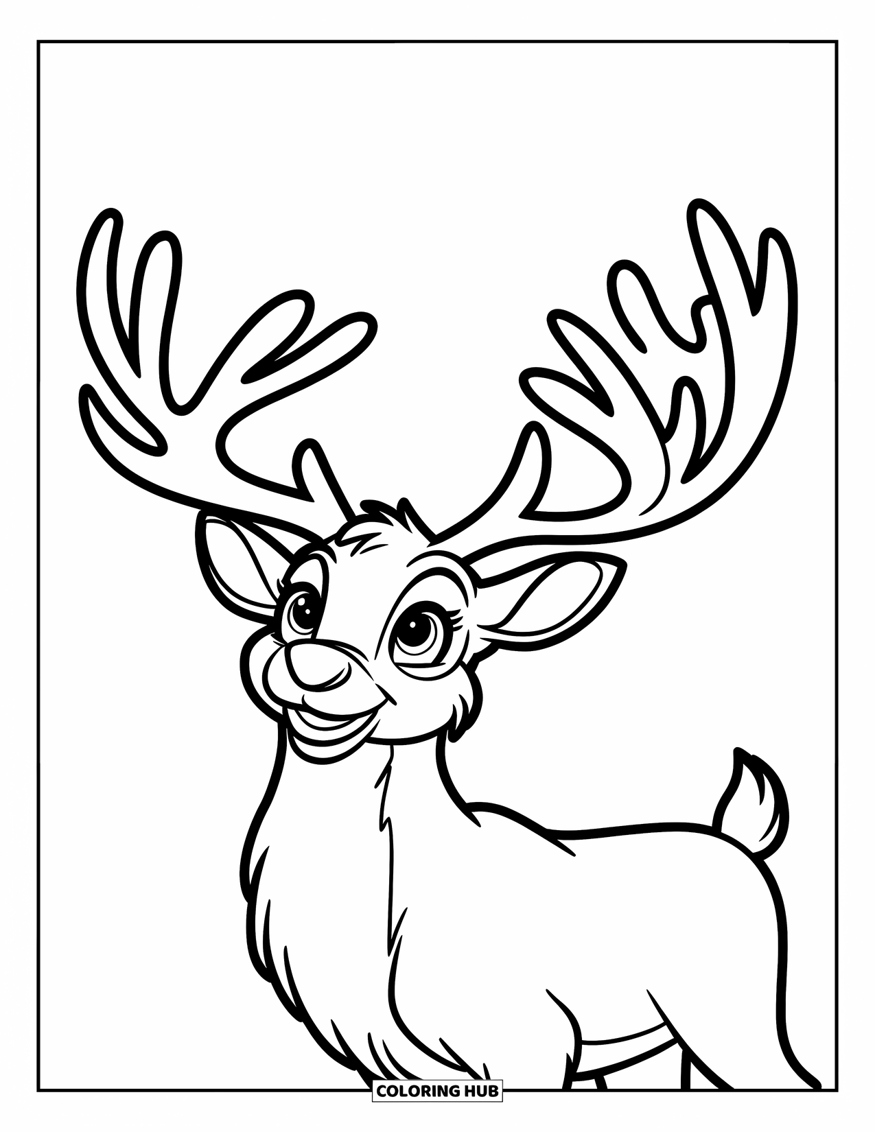 Reindeer Coloring Page for Kids: Smiling reindeer with big antlers looks up on a snowy day