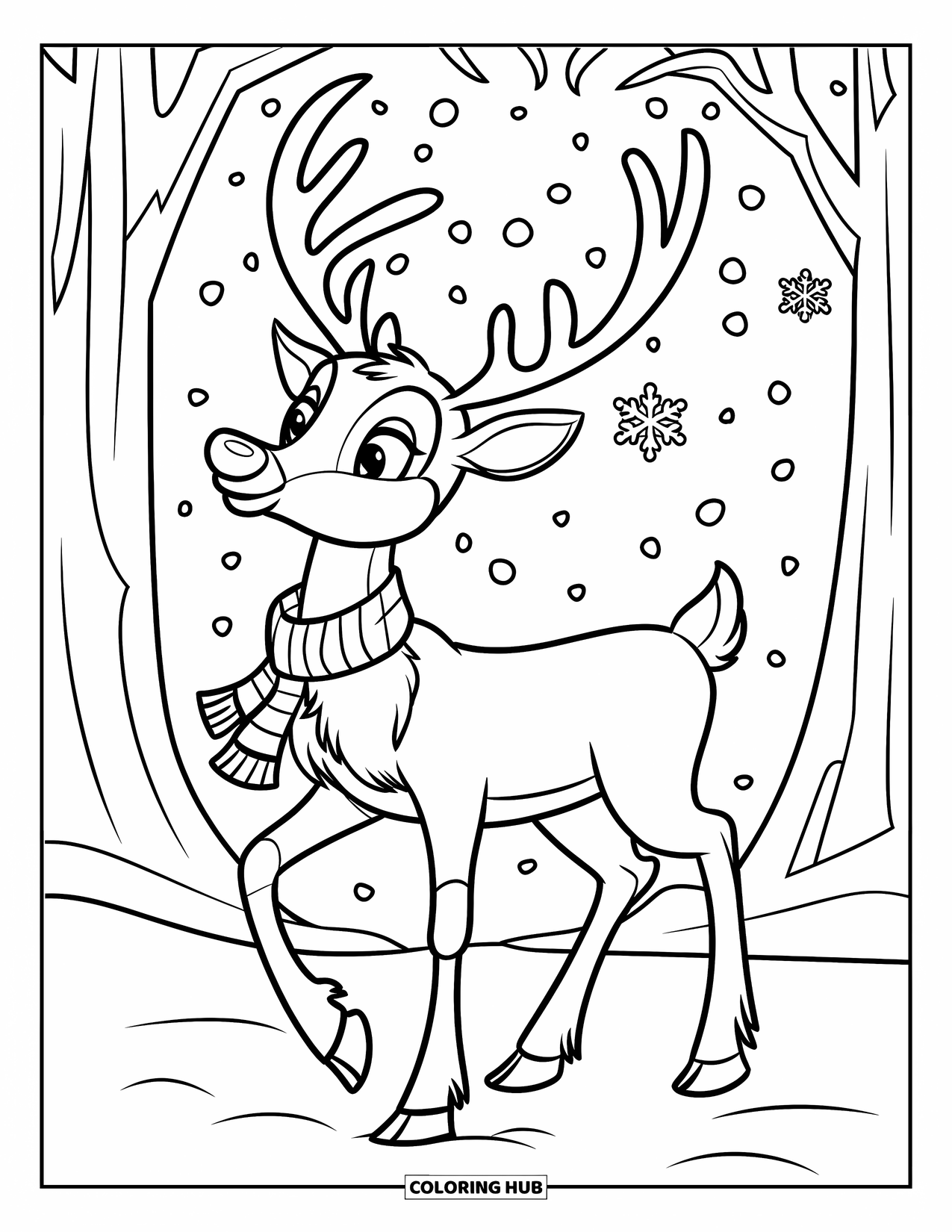 Reindeer Coloring Page for Kids: Snowy trees surround a red-nosed reindeer in a cozy scarf