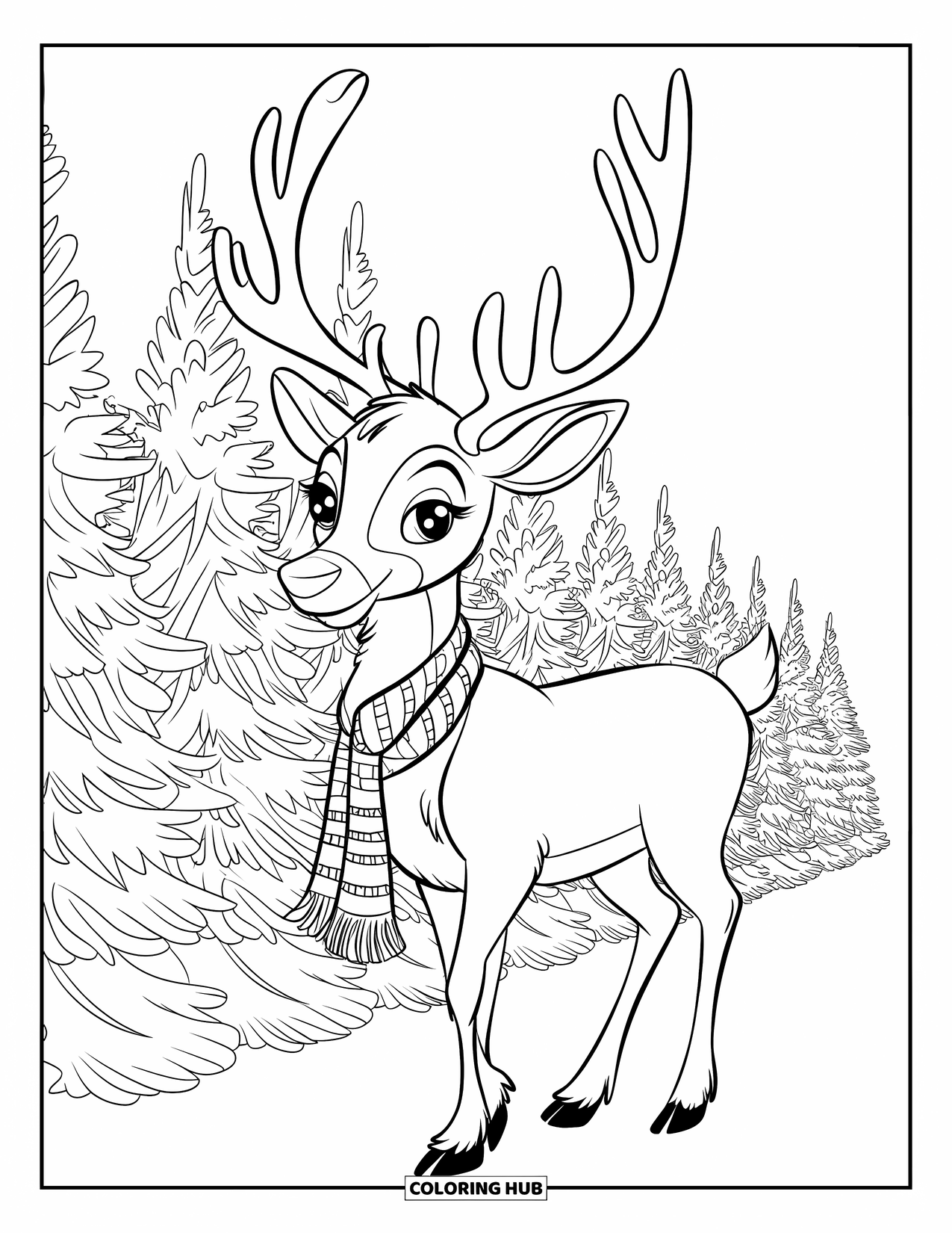 Reindeer Coloring Page for Kids: Stylish reindeer with a patterned scarf stands near snow-covered trees