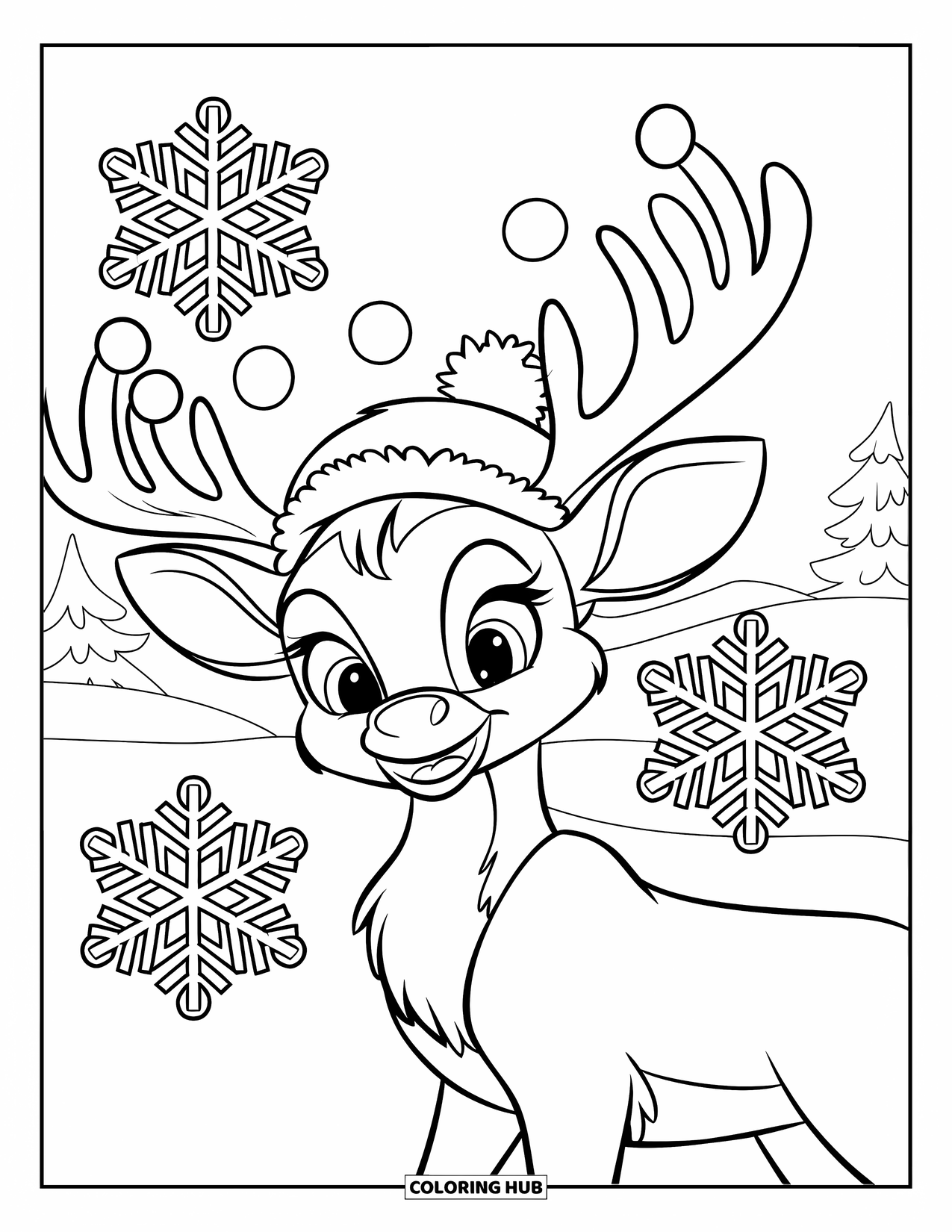 Reindeer Coloring Page for Kids: Warm reindeer with hat and ornaments stands near trees and hills