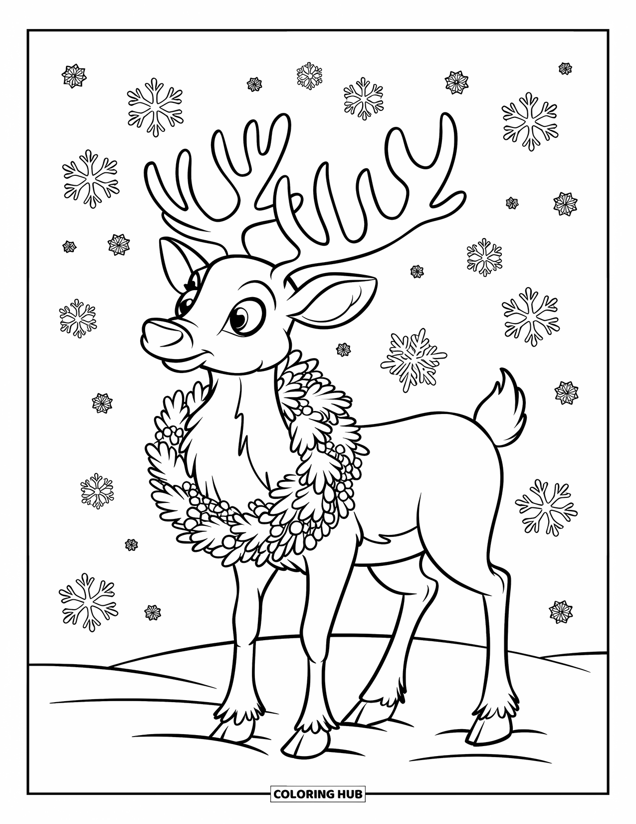 Reindeer Coloring Page for Kids: Wreathed reindeer stands on snowy ground with gentle snowflakes falling