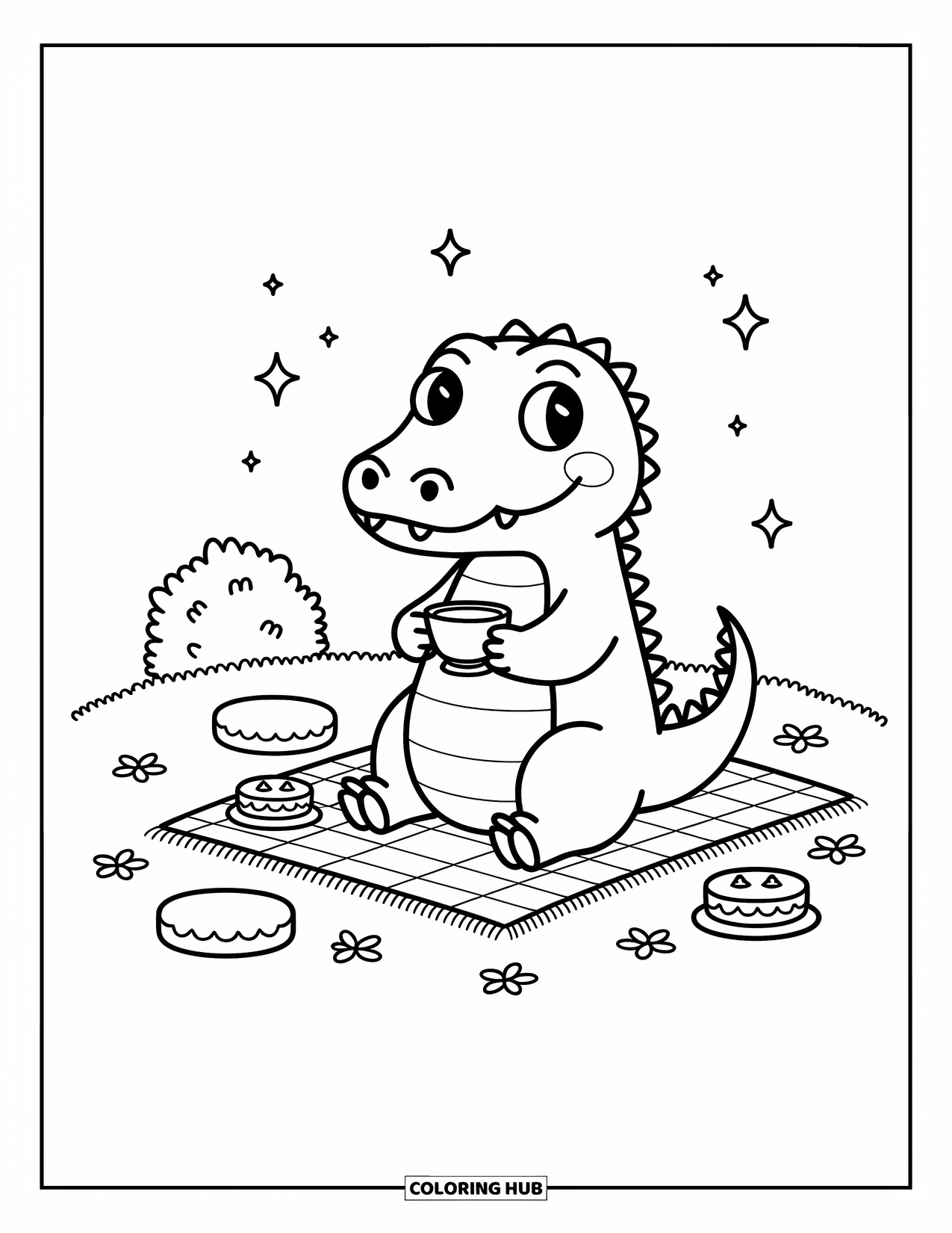 Reptile Coloring Page for Adults: Alligator enjoys tea with snacks on a blanket under floating stars