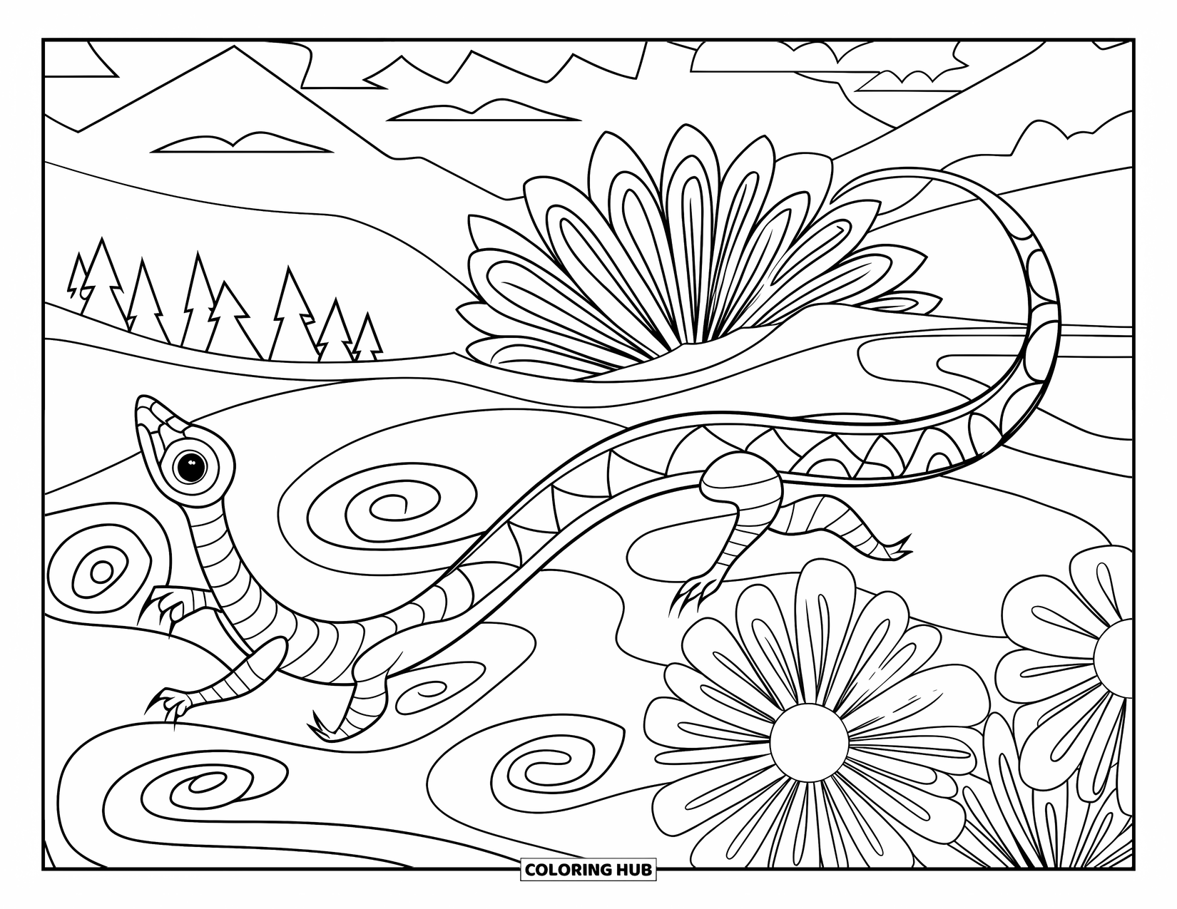 Reptile Coloring Page for Adults: Basilisk glides past spiraled waves and patterned flowers with a scenic backdrop
