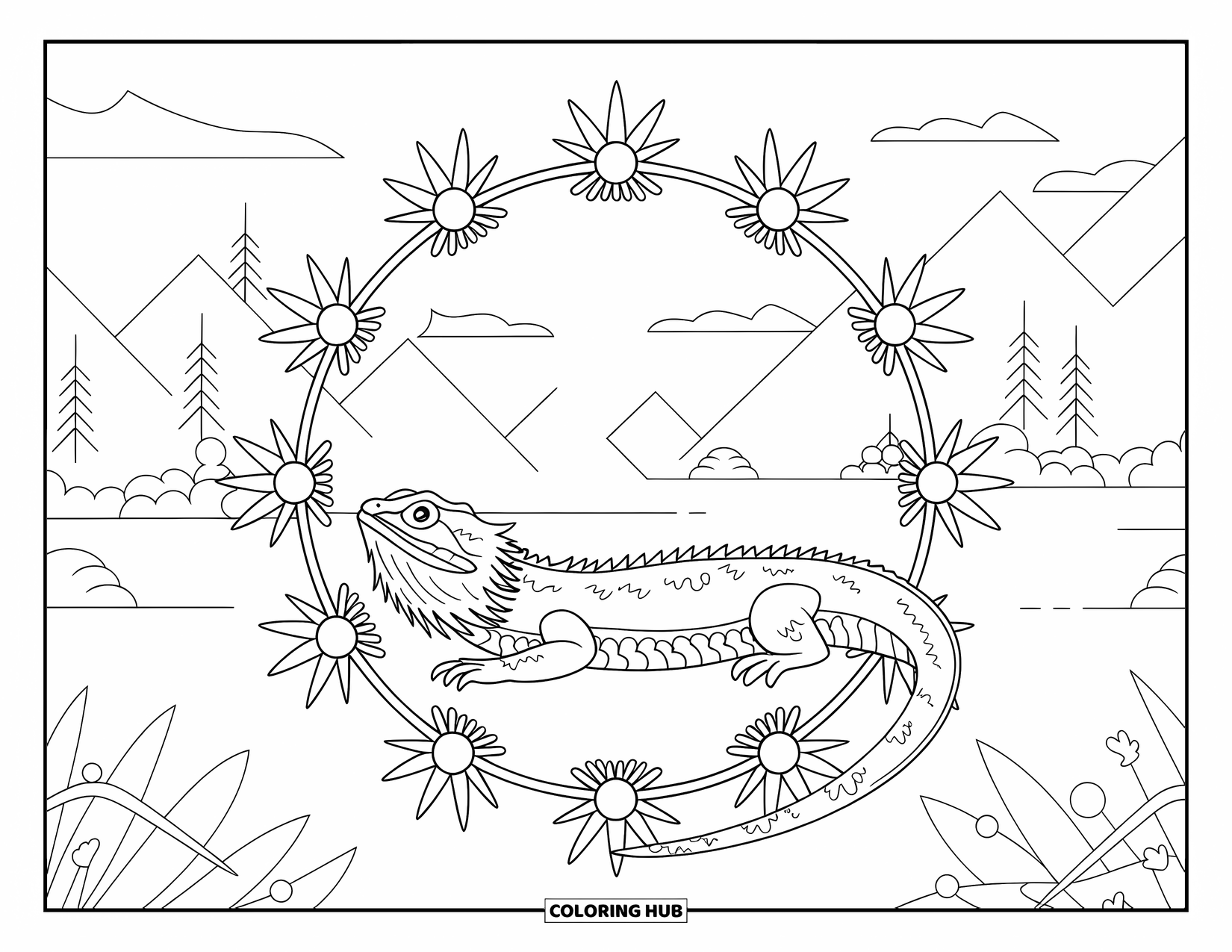 Reptile Coloring Page for Adults: Bearded dragon in a ring of flowers by a peaceful mountain lake