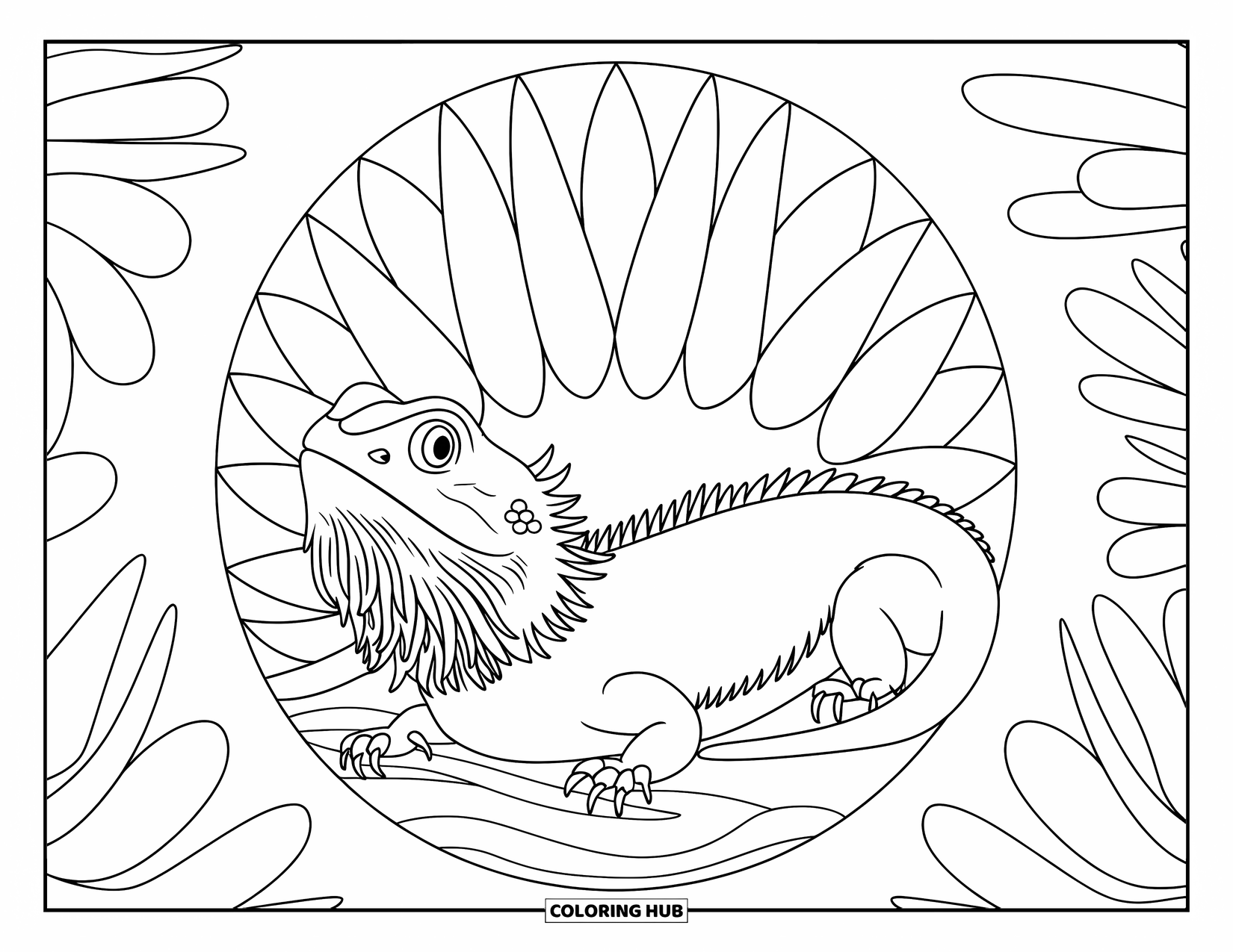 Reptile Coloring Page for Adults: Bearded dragon rests in a circle of spiky flowers with calming lines