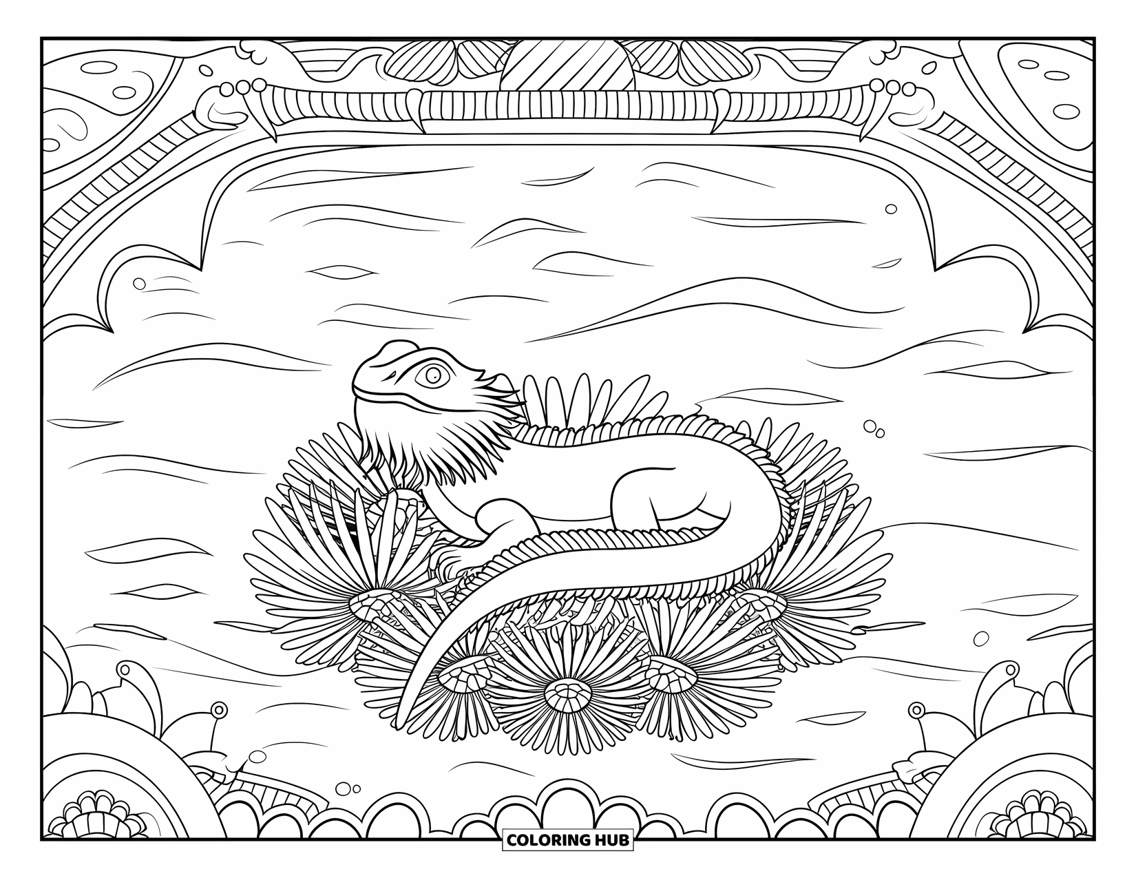 Reptile Coloring Page for Adults: Bearded dragon surrounded by spiky blooms and gentle sea waves