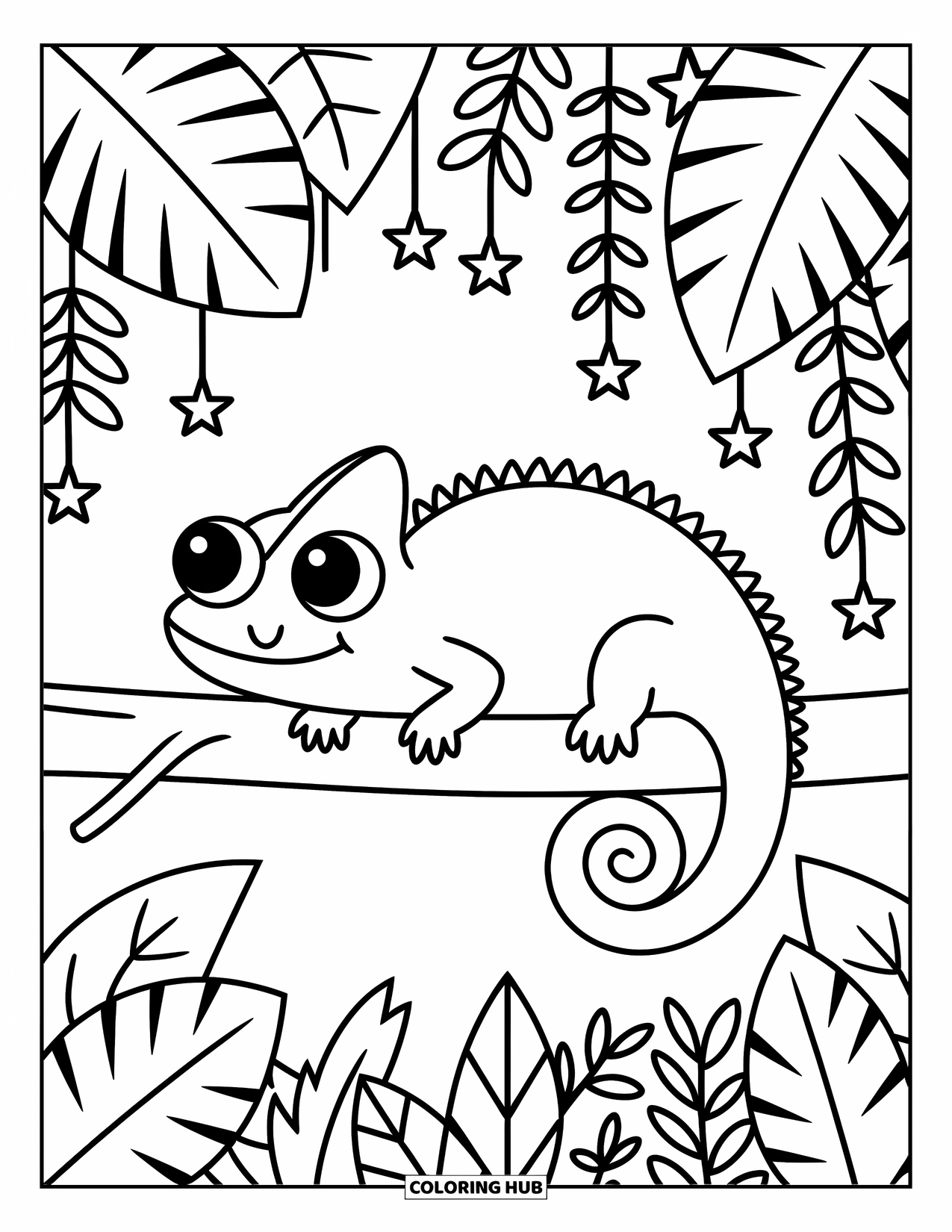 Reptile Coloring Page for Adults: Chameleon with a curly tail rests in tropical leaves and soft stars