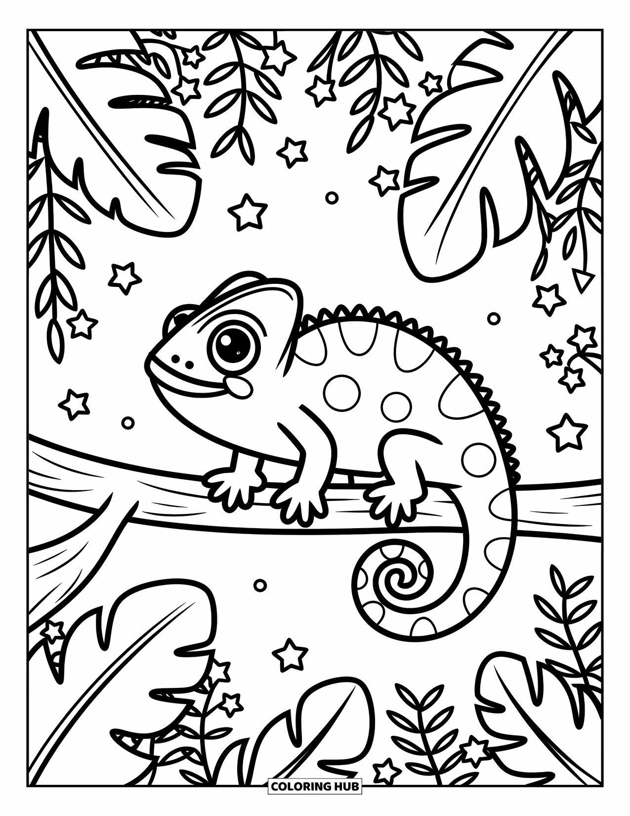 Reptile Coloring Page for Adults: Chameleon with wide eyes sits on a jungle branch under starry leaves