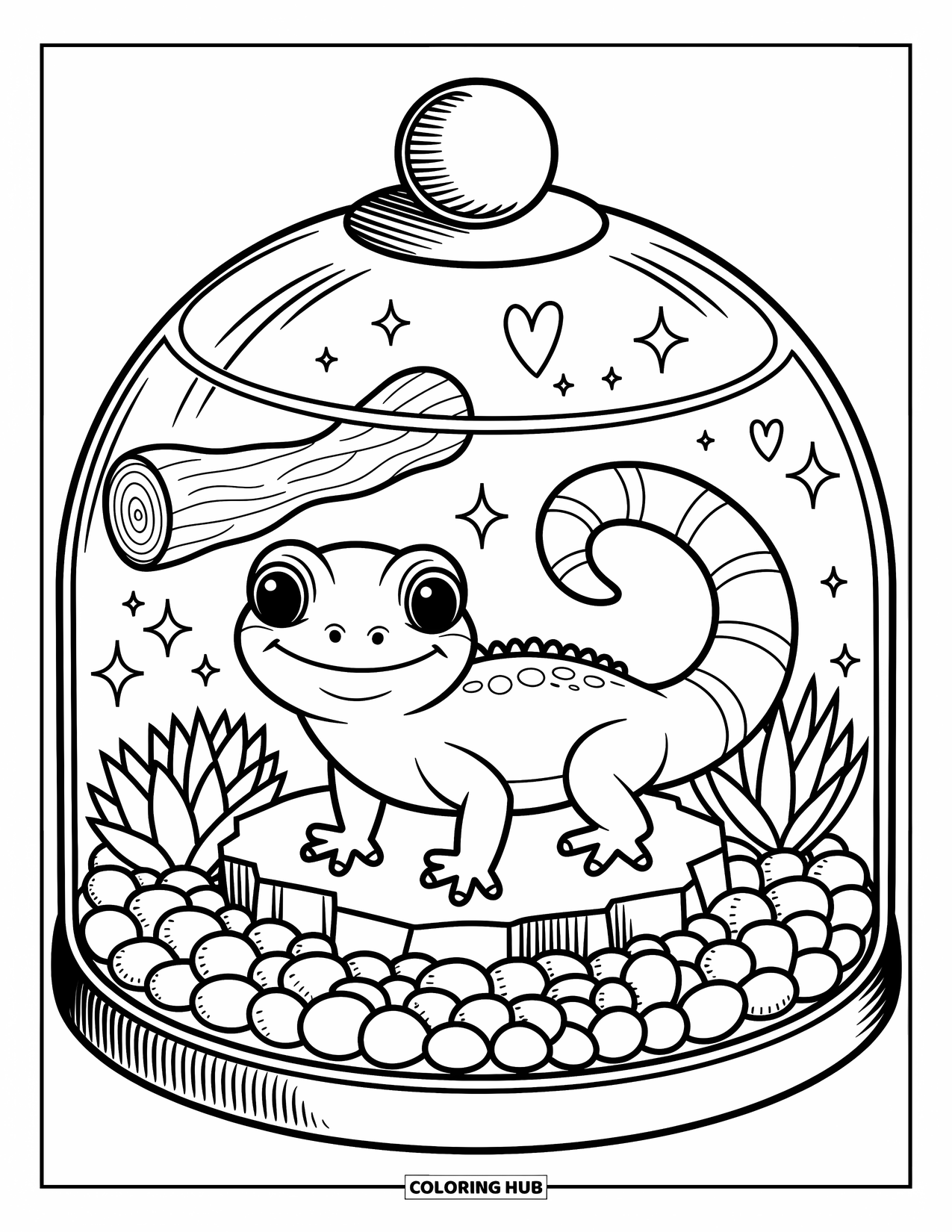 Reptile Coloring Page for Adults: Cheerful gecko in a terrarium filled with plants and floating hearts
