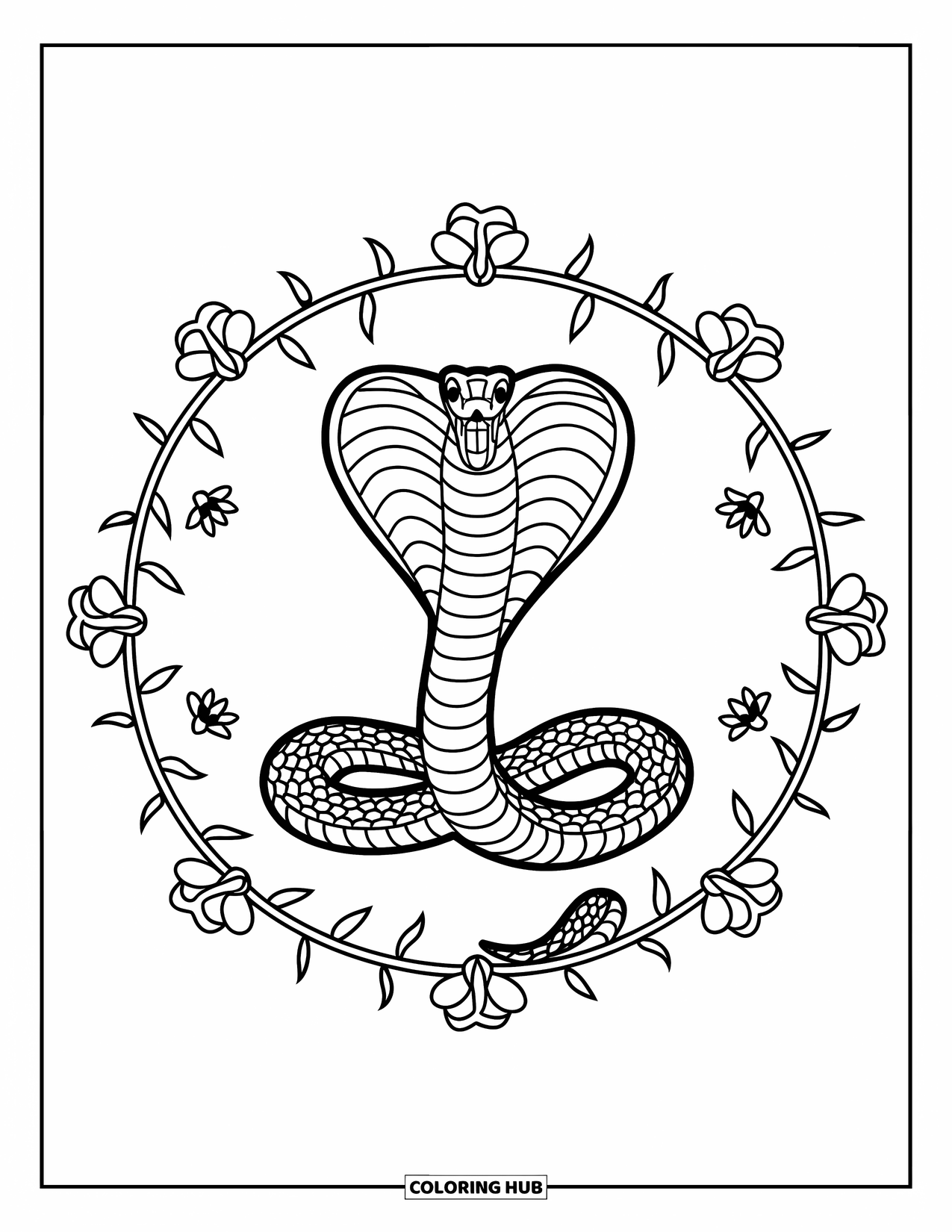 Reptile Coloring Page for Adults: Cobra with wide eyes centered in a floral vine circle