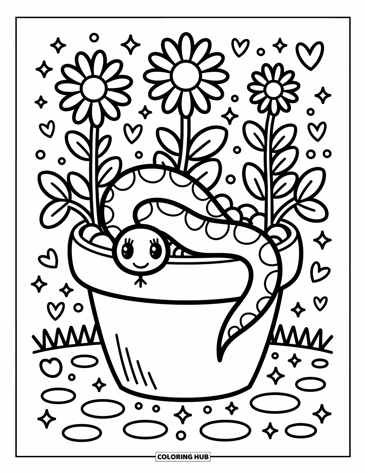Reptile Coloring Page for Adults: Coiled snake in a pot surrounded by daisies and twinkling garden doodles