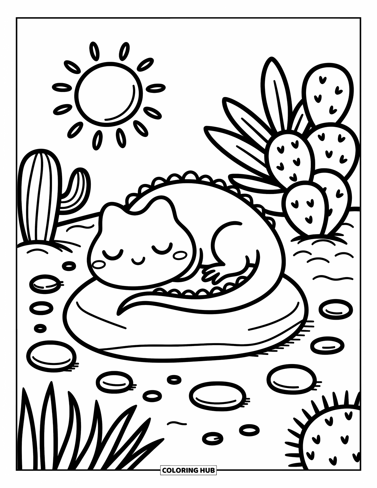 Reptile Coloring Page for Adults: Cozy lizard naps on a rock under the sun beside cacti and pebbles