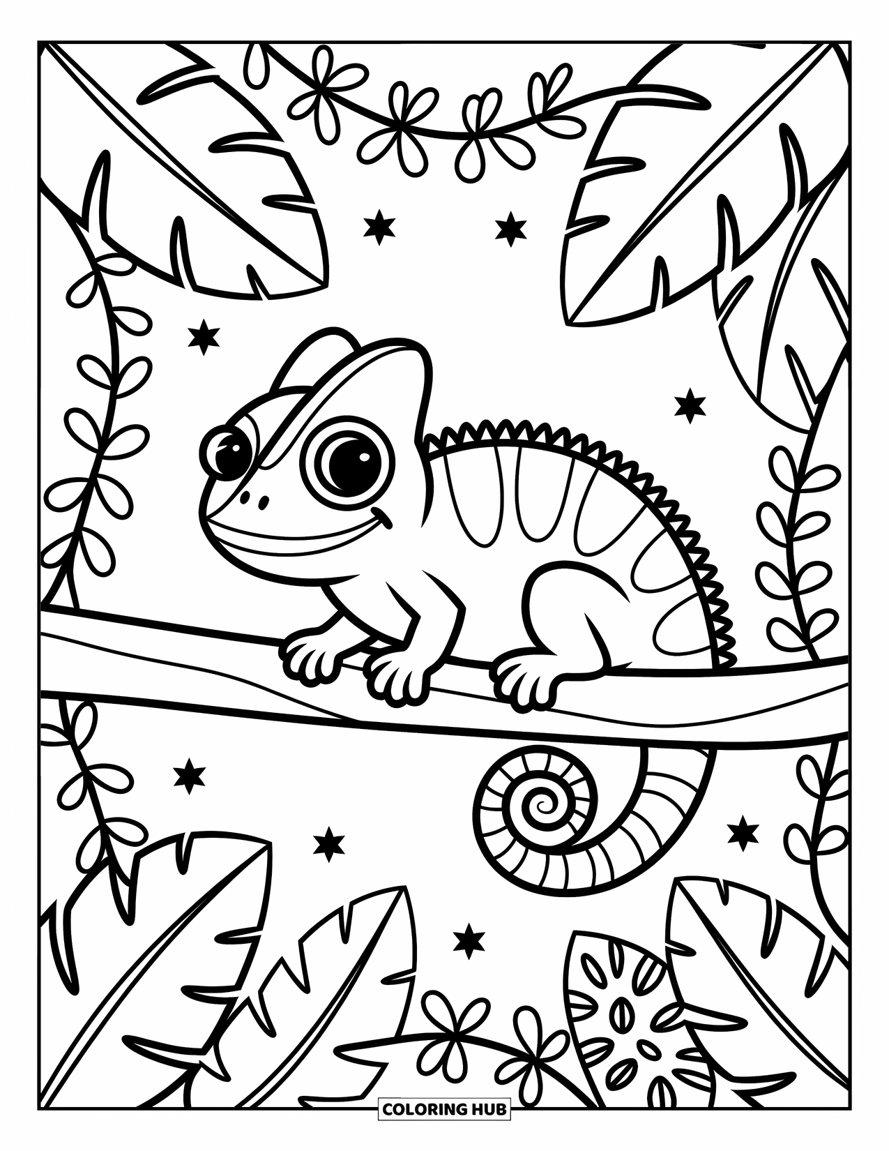 Reptile Coloring Page for Adults: Curious chameleon perches on a branch with vines and tiny blossoms