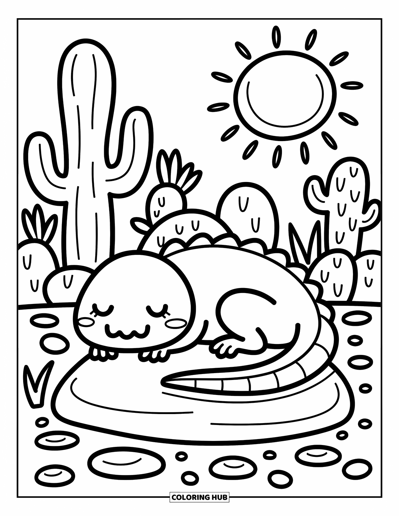 Reptile Coloring Page for Adults: Curled lizard with a smile basks under sunshine among cute desert plants