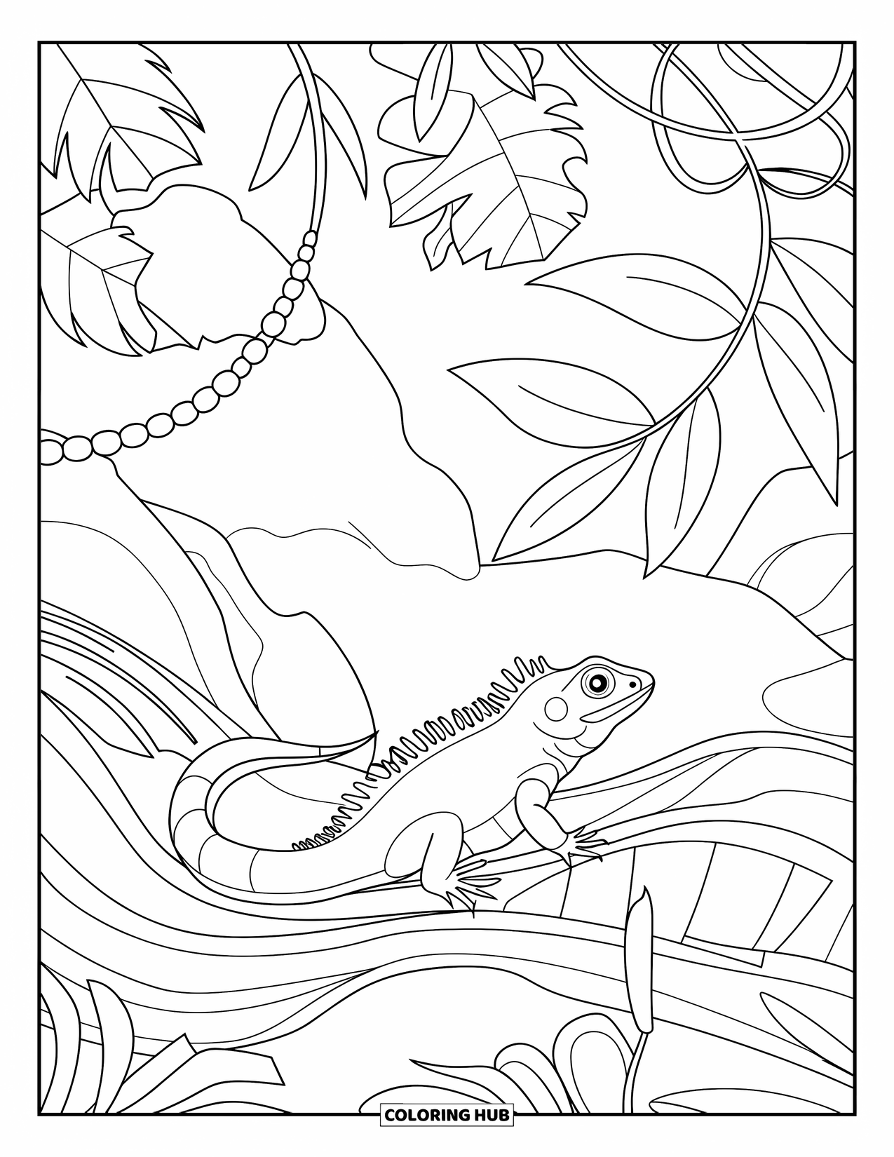 Reptile Coloring Page for Adults: Frilled lizard nestled in leaves in a jungle full of patterns