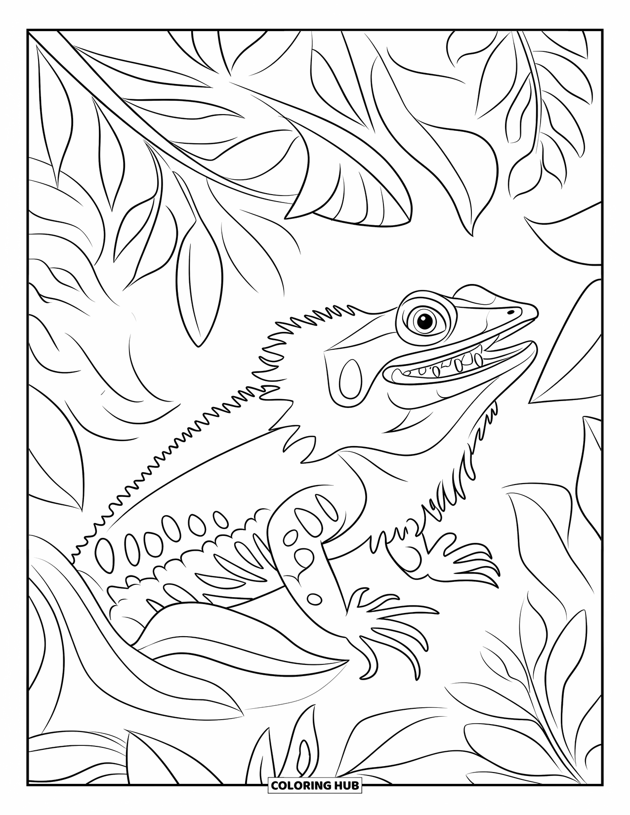 Reptile Coloring Page for Adults: Frilled lizard with open mouth among swirling vines and plants