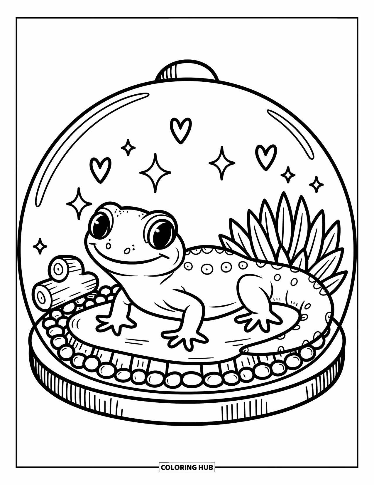 Reptile Coloring Page for Adults: Happy gecko smiles on a stone in a cozy glass terrarium