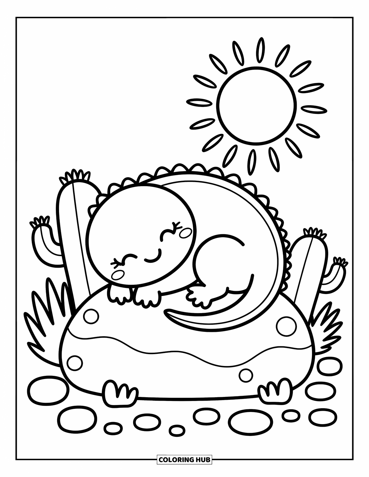 Reptile Coloring Page for Adults: Happy lizard sleeps on a rock with tiny cacti and rounded pebbles