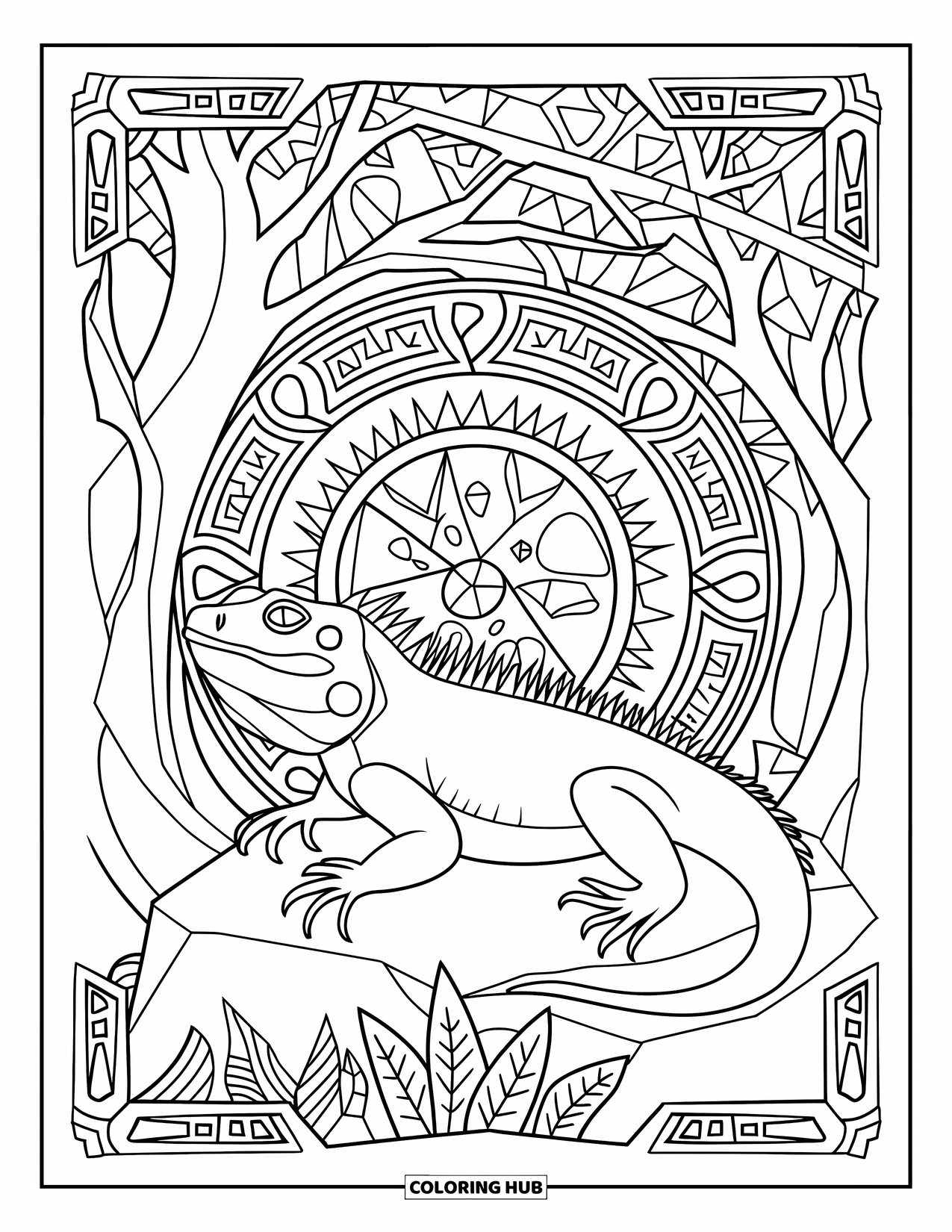 Reptile Coloring Page for Adults: Iguana in a spiral forest clearing with decorated tree trunks