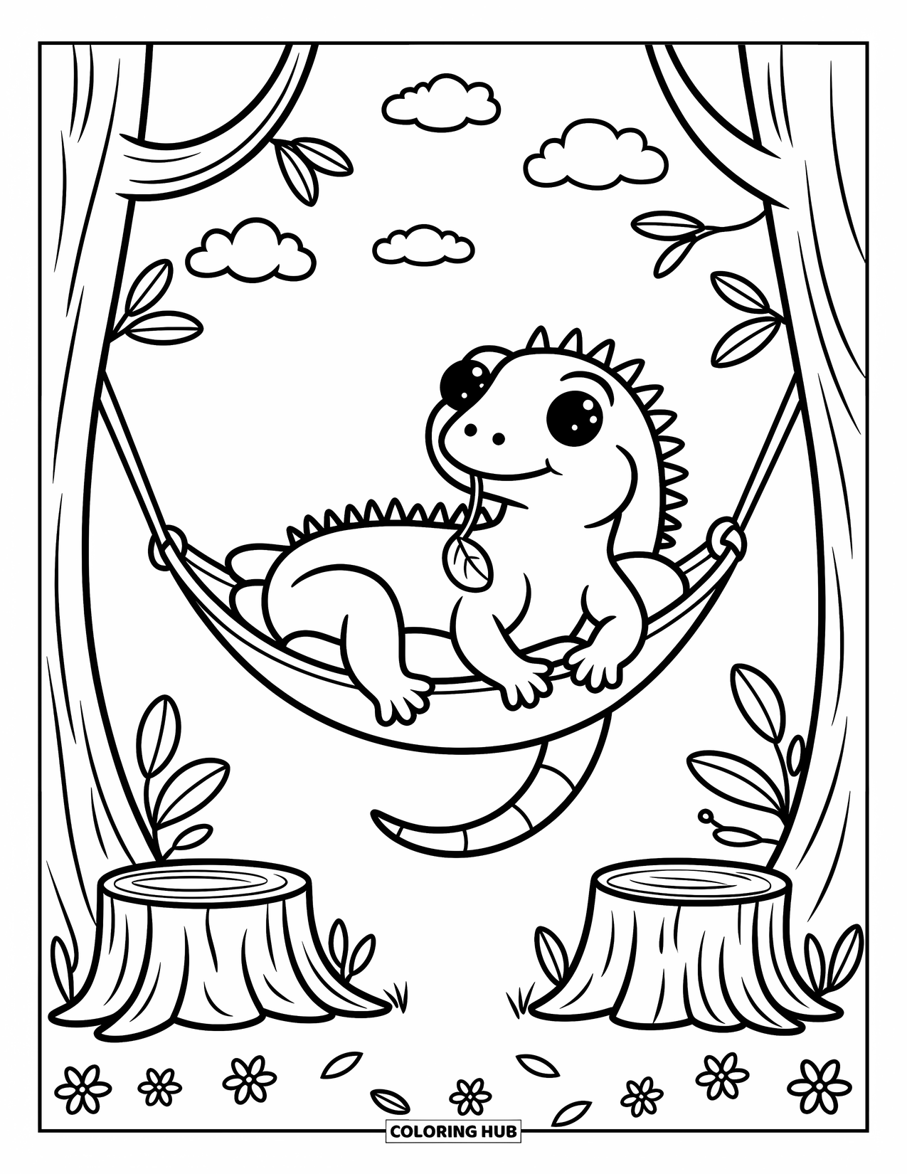 Reptile Coloring Page for Adults: Iguana lounges with a pillow in a hammock under playful sky doodles