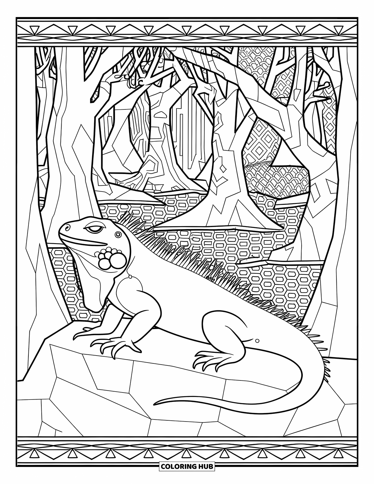 Reptile Coloring Page for Adults: Iguana relaxes in a patterned forest with diamond-covered trees