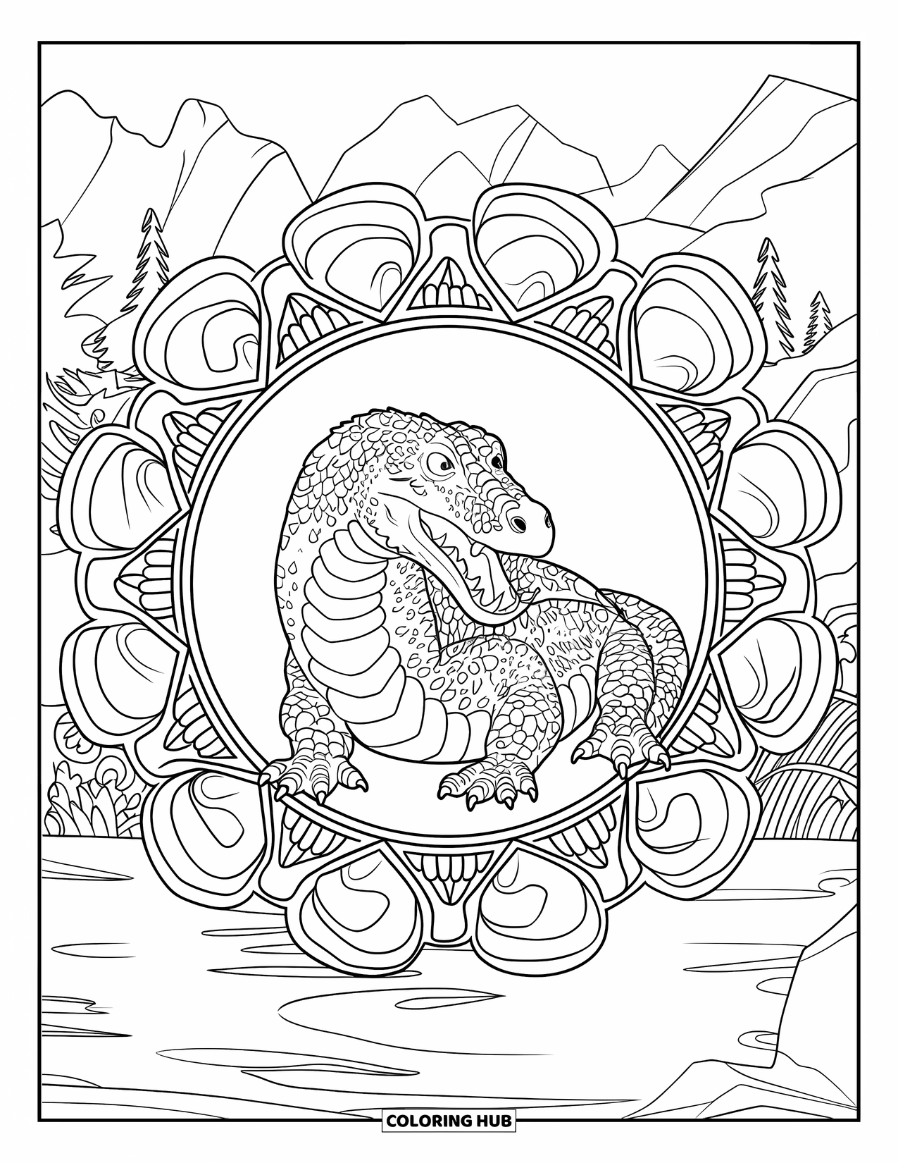 Reptile Coloring Page for Adults: Komodo dragon sits at the center of a rock-themed mandala