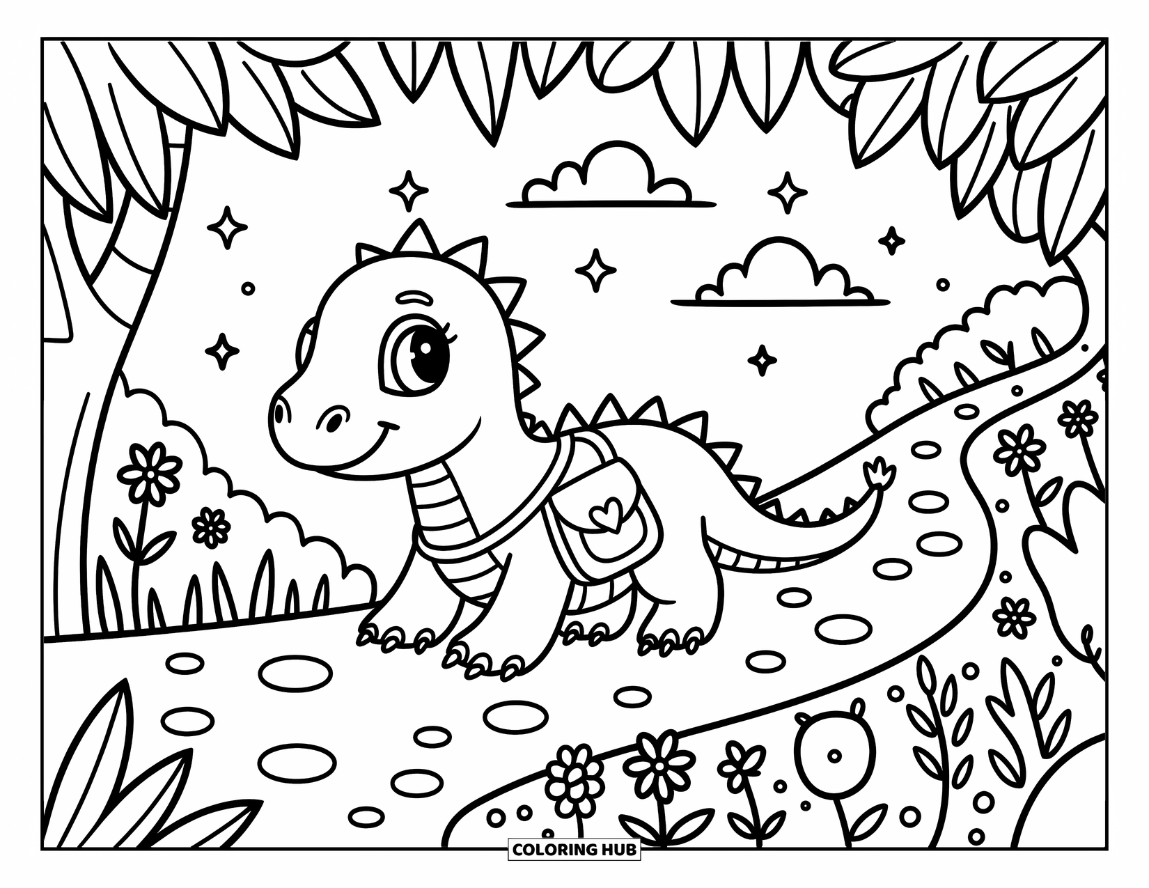Reptile Coloring Page for Adults: Komodo dragon strolls a winding path under trees with clouds and stars