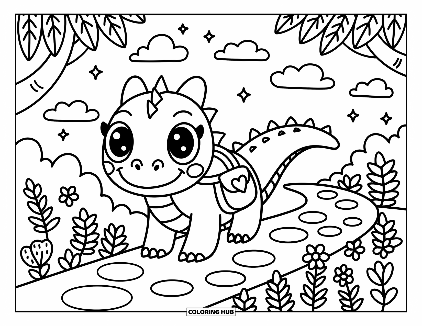 Reptile Coloring Page for Adults: Komodo dragon walks a leafy trail with flowers and floating stars