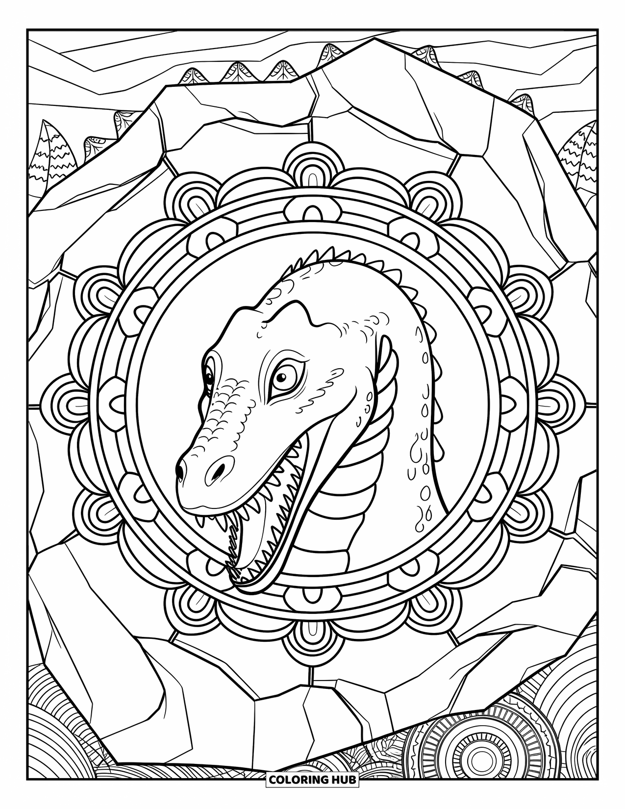 Reptile Coloring Page for Adults: Komodo dragon with open mouth framed by spirals and mountain scenery