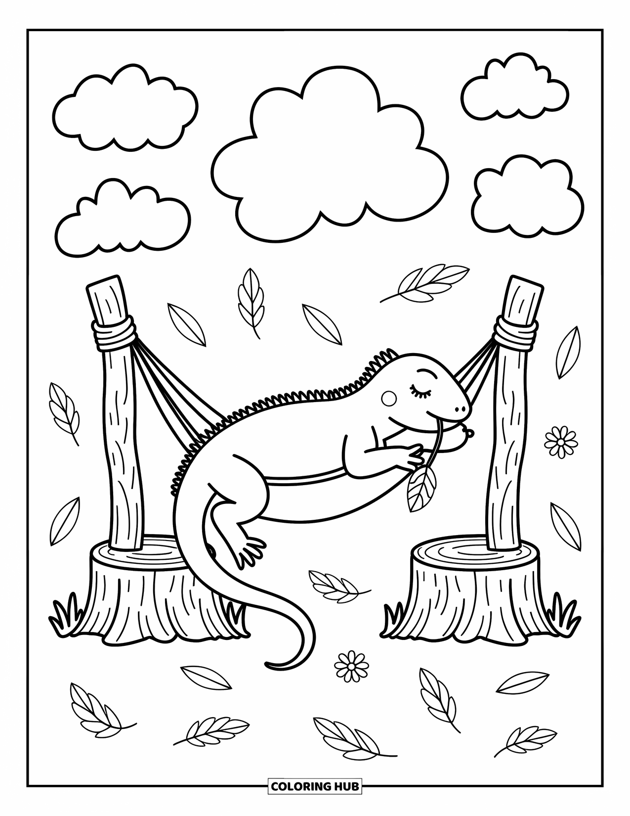 Reptile Coloring Page for Adults: Napping iguana stretches in a hammock among leaves and soft clouds